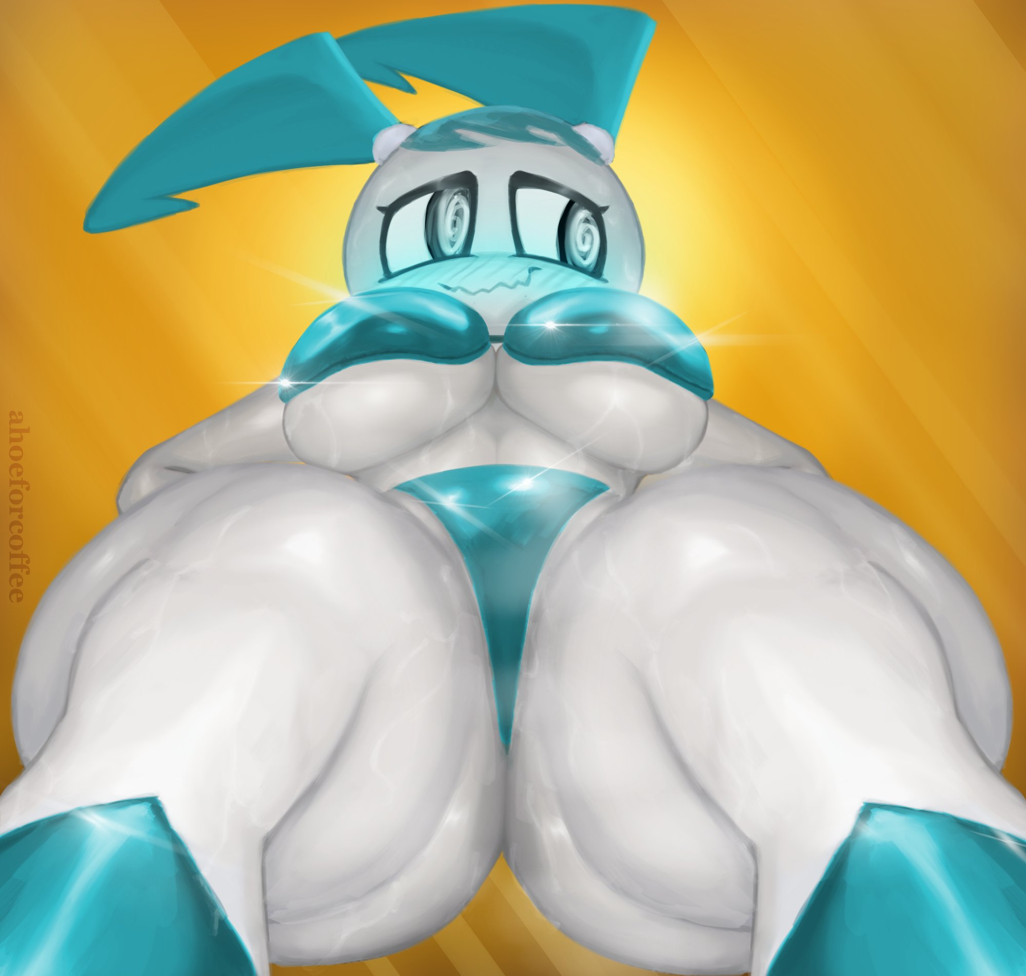ahoeforcoffee, bikini, blush, coffeewithdicks, female, jenny wakeman, looking away, my life as a teenage robot, nickelodeon, robot, robot girl, swirly eyes, thick thighs, wide hips, worm's-eye view, xj-9