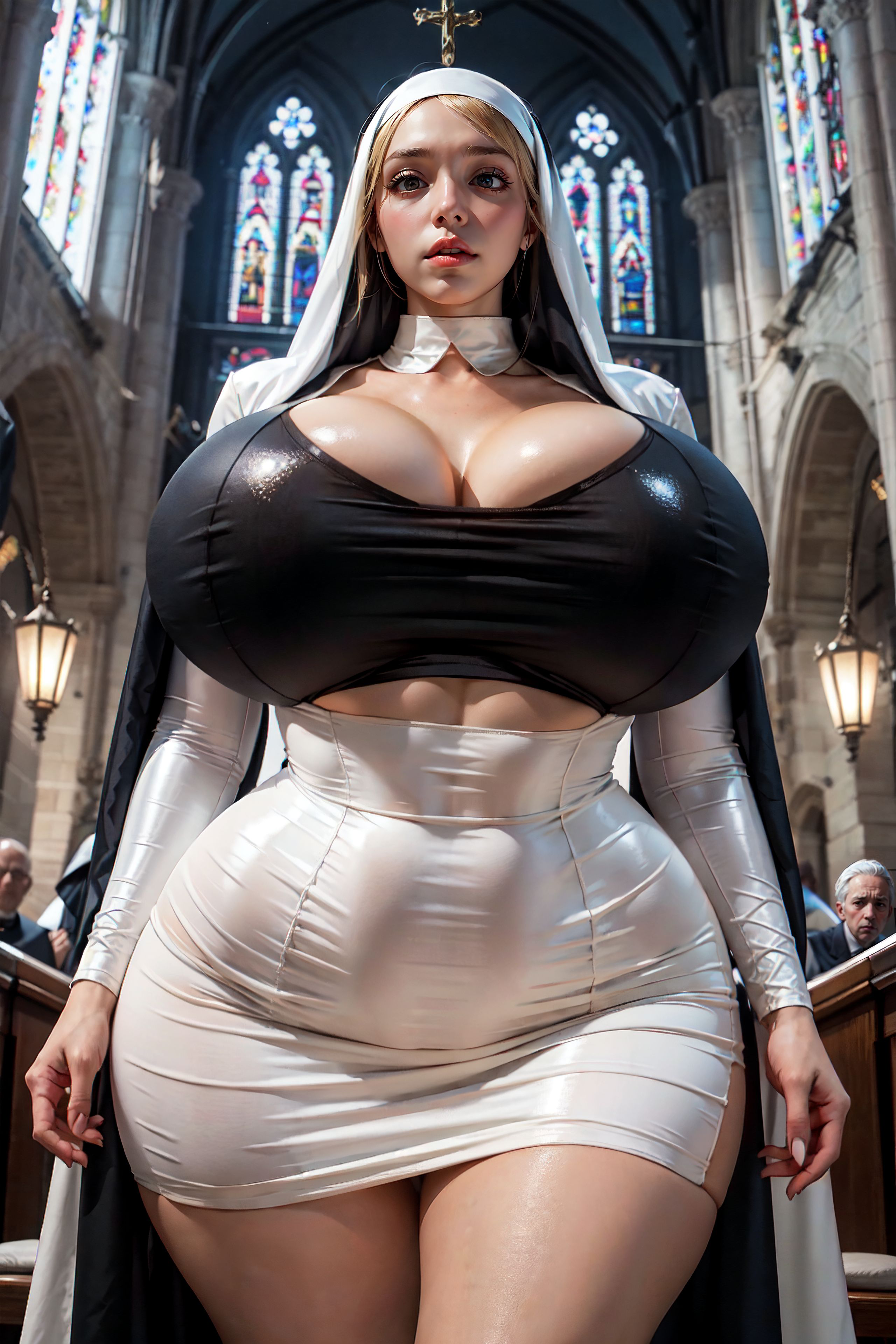 1girls, ai generated, breasts, church, church interior, female, female focus, female only, huge breasts, mature female, milf, nun, nun outfit, seductive, seductive look, stable diffusion, voluptuous, voluptuous female
