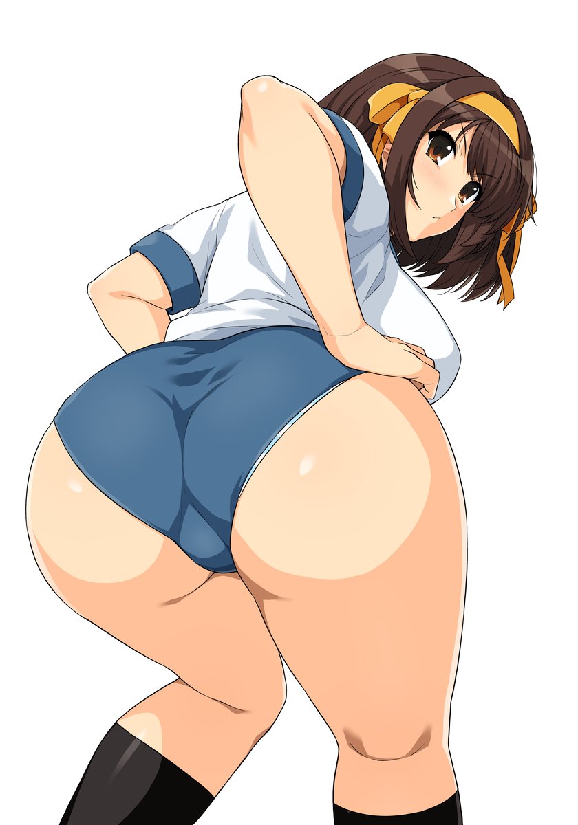 1girls ass ass_focus bent_over black_socks bloomers breasts buruma gym_uniform haruhisky knee_socks kneehighs knees_together_feet_apart kneesocks large_breasts short_hair socks solo standing suzumiya_haruhi suzumiya_haruhi_no_yuuutsu white_background