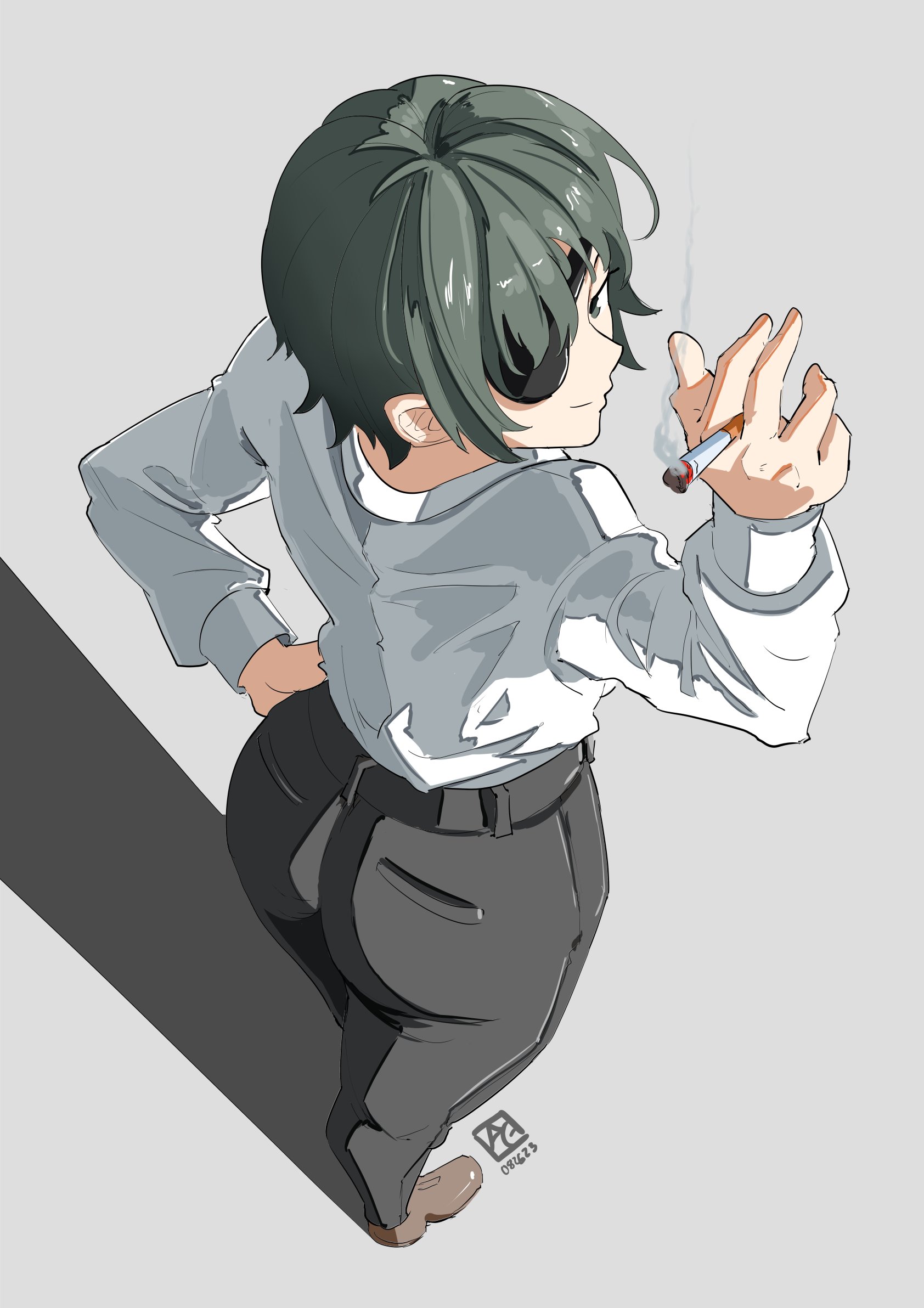 1girls, 2023, adult, adult female, artist name, artist signature, ass, automatic giraffe, black hair, chainsaw man, cigarette, clothed, clothed female, clothing, eyepatch, female, female only, fully clothed, hand on own hip, himeno (chainsaw man), human, human female, human only, looking at viewer, looking back, no sex, pants, realistic proportions, safe for work, sfw, shirt, shoes, short hair, smoking, solo, solo female, standing, straight hair, top down view, younger female