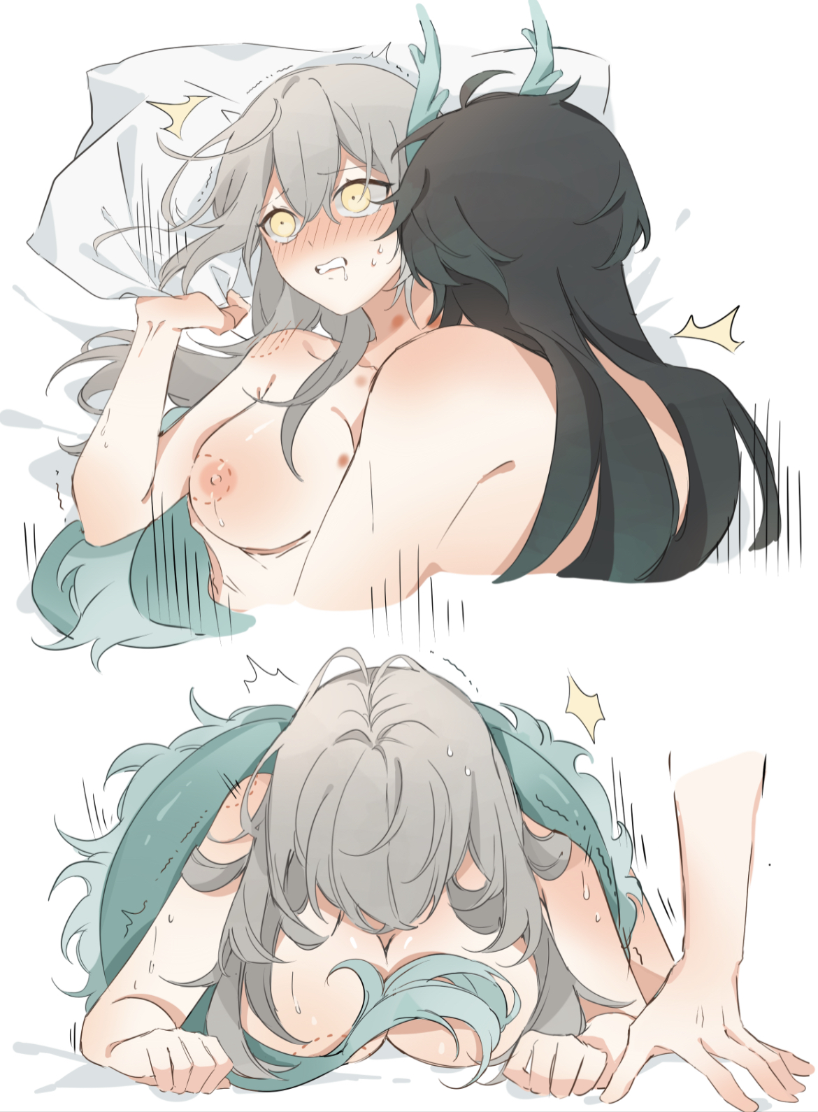 1boy, 1girls, bite mark, bite mark on nipple, dan heng, dan heng (imbibitor lunae), dragon horns, dragon tail, female, honkai (series), honkai: star rail, male, shaking, stelle (honkai: star rail), vishsalmon