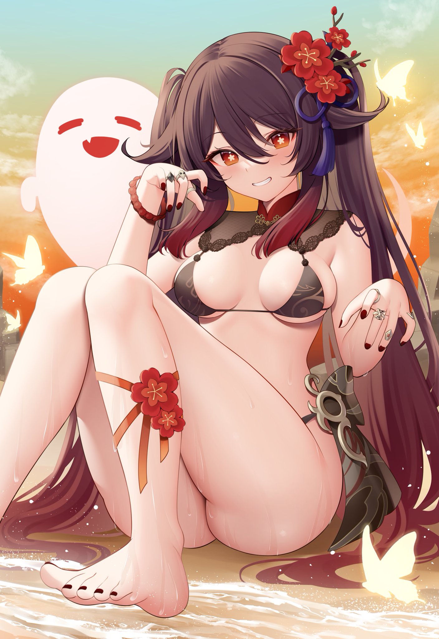 ass, black toenails, boo tao (genshin impact), breasts, detached collar, feet, female, genshin impact, hu tao (genshin impact), huge ass, medium breasts, micro bikini, miko (royal milk), painted nails, painted toenails, red nails, sitting, skindentation, thick thighs, thigh strap, wet skin, wide hips