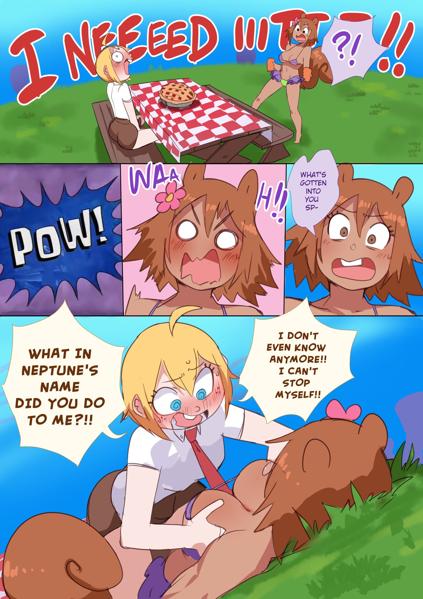 1boy, 1girls, animal ears, animal tail, bikini, blonde hair, blush, breast grab, breasts, brown hair, comic, dialogue, english text, female, groping, groping breasts, huge breasts, human, humanized, humanoid, large breasts, lightsource, male, sandy cheeks, spongebob squarepants, spongebob squarepants (character), squirrel tail, straight