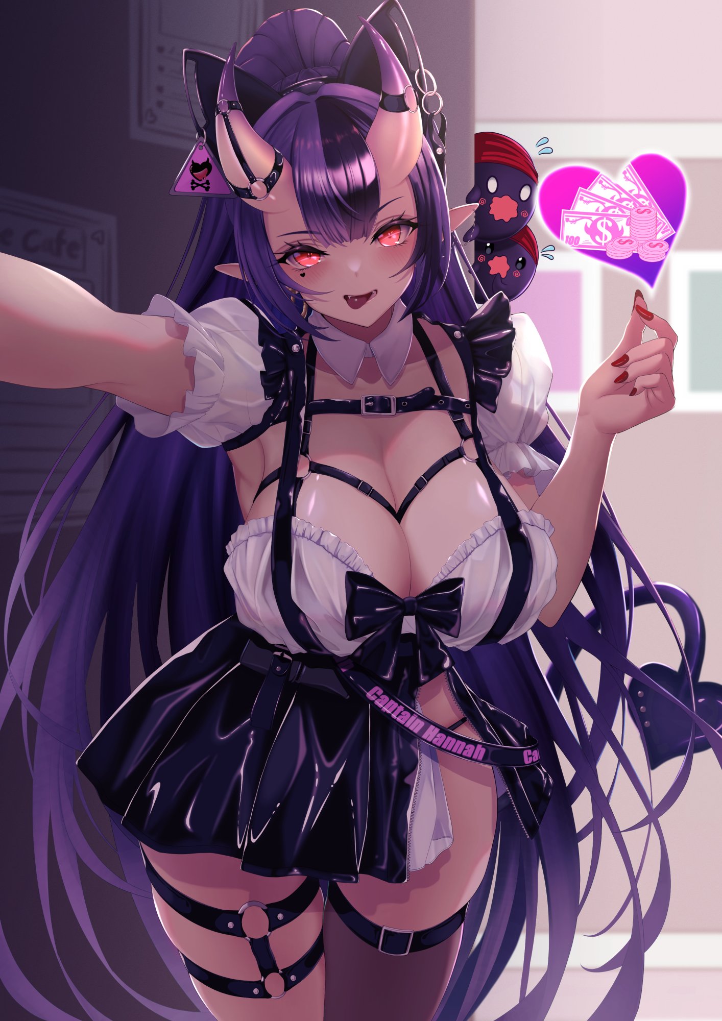 1girls, big breasts, breasts, captain hannah, cleavage, demon girl, detailed background, female, horns, huge breasts, indie virtual youtuber, large breasts, maid uniform, massive breasts, oni, purple hair, tagme, thigh strap, thighs, uzyou1129, virtual youtuber, vtuber