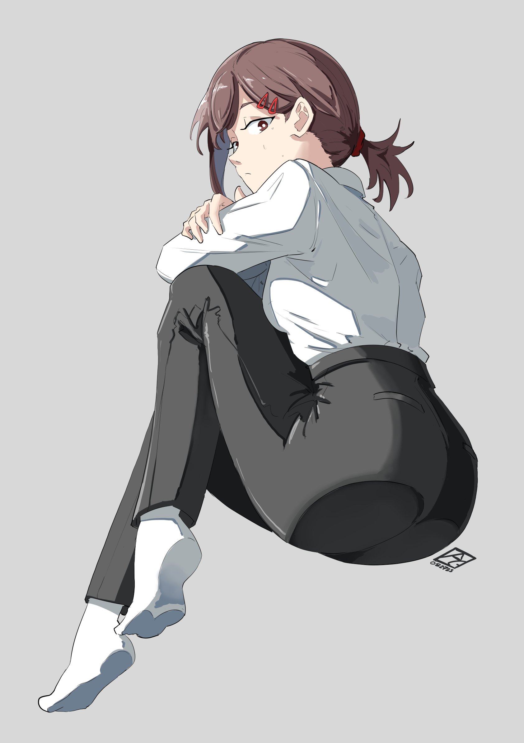 1girls, ass, automatic giraffe, big ass, big butt, black hair, chainsaw man, female, higashiyama kobeni, pants, ponytail, sitting, solo, tagme, tight pants