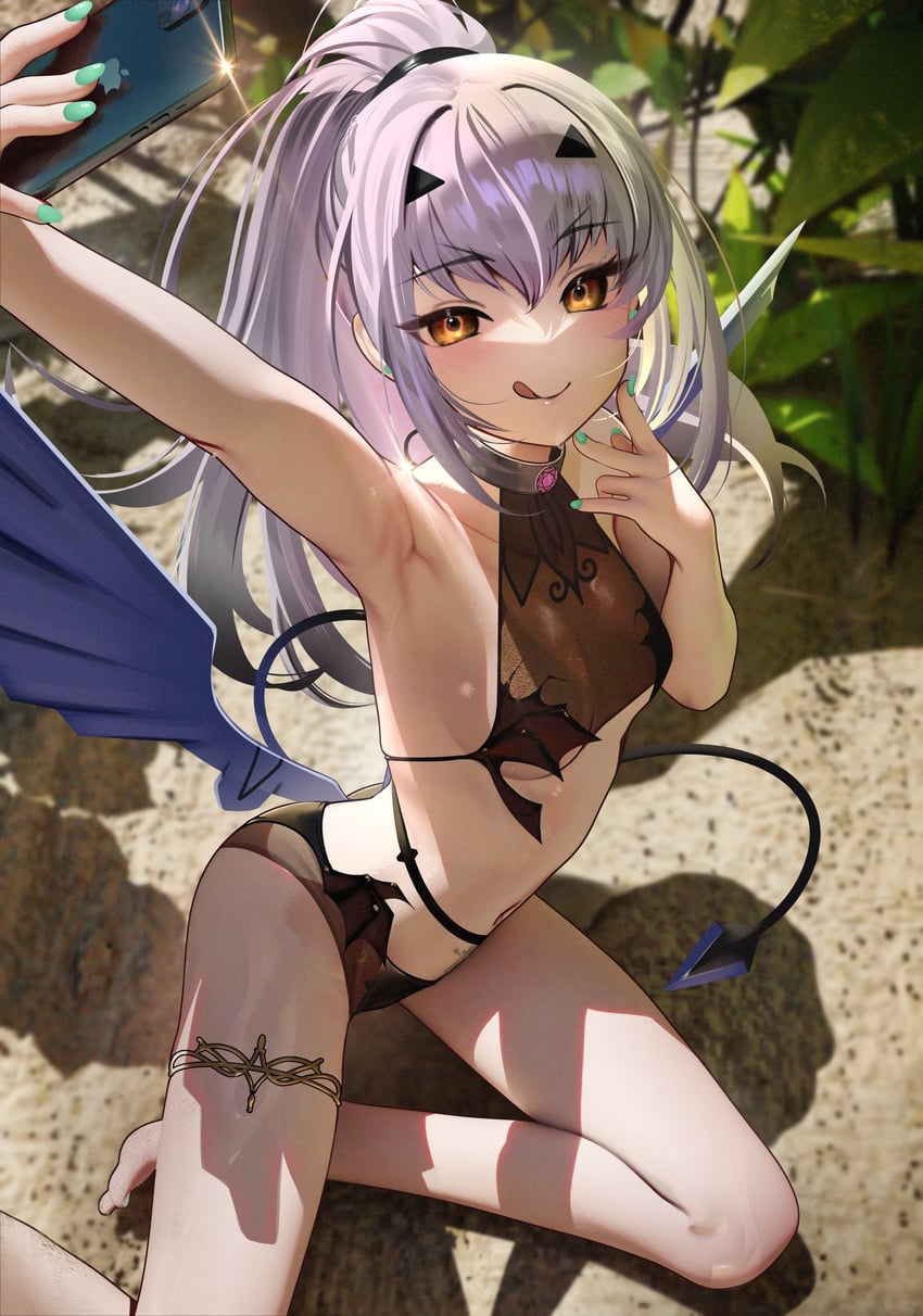 1girls absurd_res armpits bikini black_bikini breasts brown_eyes cellphone dragon_wings fate/grand_order fate_(series) fingernails forked_eyebrows green_nails high_ponytail highres holding holding_object licking_lips long_hair looking_at_viewer melusine_(fate) nail_polish nanaken_nana phone selfie sidelocks small_breasts smile smug solo swimsuit tail thighlet thighs tongue tongue_out white_hair wings