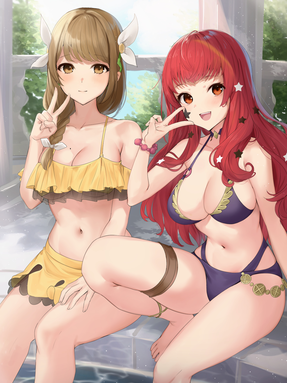 2girls, alternate costume, bikini, blush, braid, breasts, brown eyes, brown hair, cleavage, facial mark, female, female only, fire emblem, fire emblem engage, goldmary (fire emblem), hair ornament, hair ribbon, haru (nakajou-28), highres, large breasts, long hair, looking at viewer, low ponytail, mole, mole on breast, multiple females, multiple girls, navel, nintendo, purple bikini, purple swimsuit, red eyes, red hair, ribbon, smile, star (symbol), star facial mark, star hair ornament, swimsuit, v, white ribbon, yellow bikini, yellow swimsuit, yunaka (fire emblem)