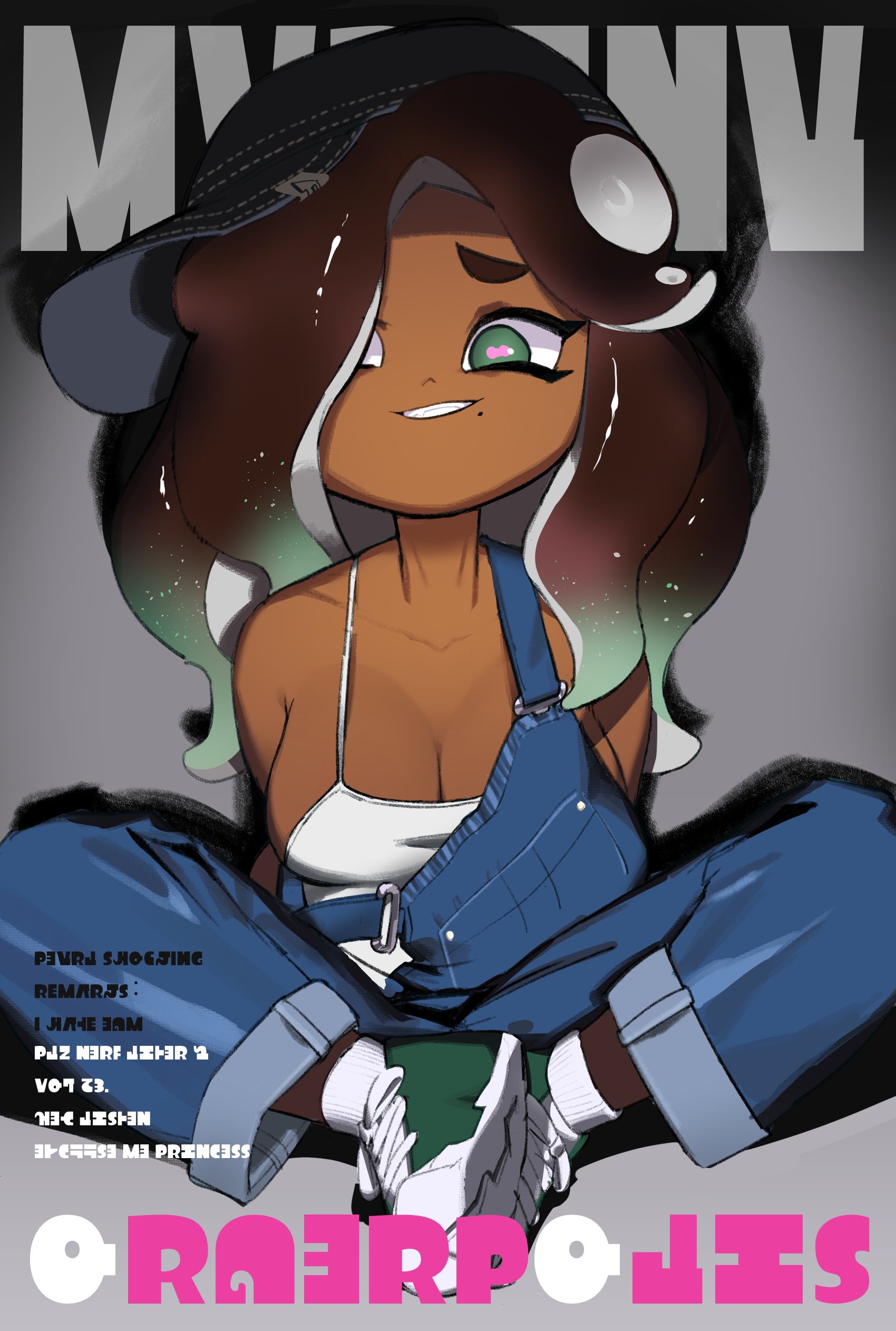 1girls, 2023, beauty mark, big breasts, breasts, cleavage, clothed female, dark skin, dark-skinned female, female, female only, hair over one eye, long hair, looking at viewer, magazine, magazine cover, marina (splatoon), nintendo, octoling, octoling girl, ppunamu, seductive, seductive look, seductive smile, simple background, sitting, smile, solo, solo female, solo focus, splatoon, splatoon (series), splatoon 2, tentacle hair, voluptuous, voluptuous female