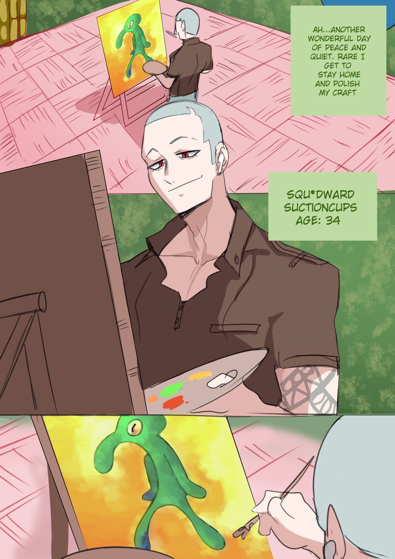 art, belongs in the trash, bold n brash, comic, dialogue, femboy, gay, lightsource, male, male only, painting, spongebob squarepants, squidward tentacles, tagme, yaoi