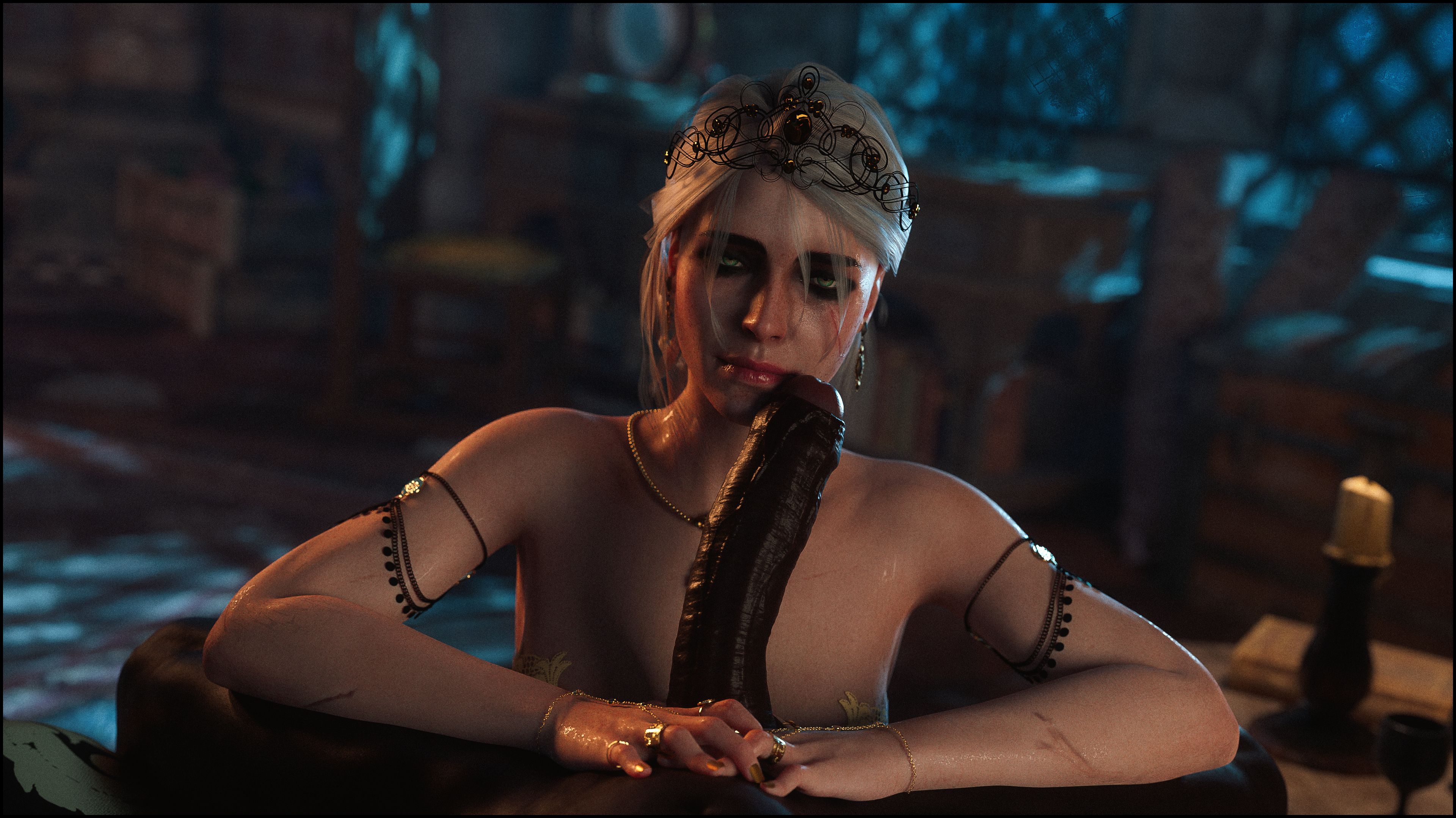 1boy, 1girls, 3d, bed, bedroom, big cock, big penis, cd projekt red, chains, ciri, cock worship, crown, dark skin, dark-skinned male, empress ciri, eye contact, female, gigantic penis, green eyes, handjob, imminent oral, indoors, interracial, jewelry, light skin, light-skinned female, long penis, looking at partner, looking at viewer, male, male/female, night, oral, pale skin, pale-skinned female, partial male, penis, petite, pov, royalty, snowbunny, teenager, the witcher (series), the witcher 3: wild hunt, tomoganim, veiny penis, vizima, white hair