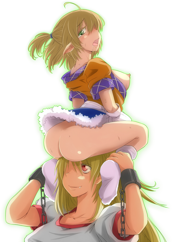 2girls ahoge ankle_grab ao_usagi arm_warmers ass blonde_hair blush breasts cuffs drooling fang feet female_focus green_eyes hornjob horns hoshiguma_yuugi long_hair looking_back mizuhashi_parsee multiple_girls nipples no_panties no_shoes on_head open_mouth parsee_mizuhashi pointy_ears ponytail red_eyes saliva shackles short_hair sitting sitting_on_person socks touhou uncommon_stimulation white_socks yuri yuugi_hoshiguma