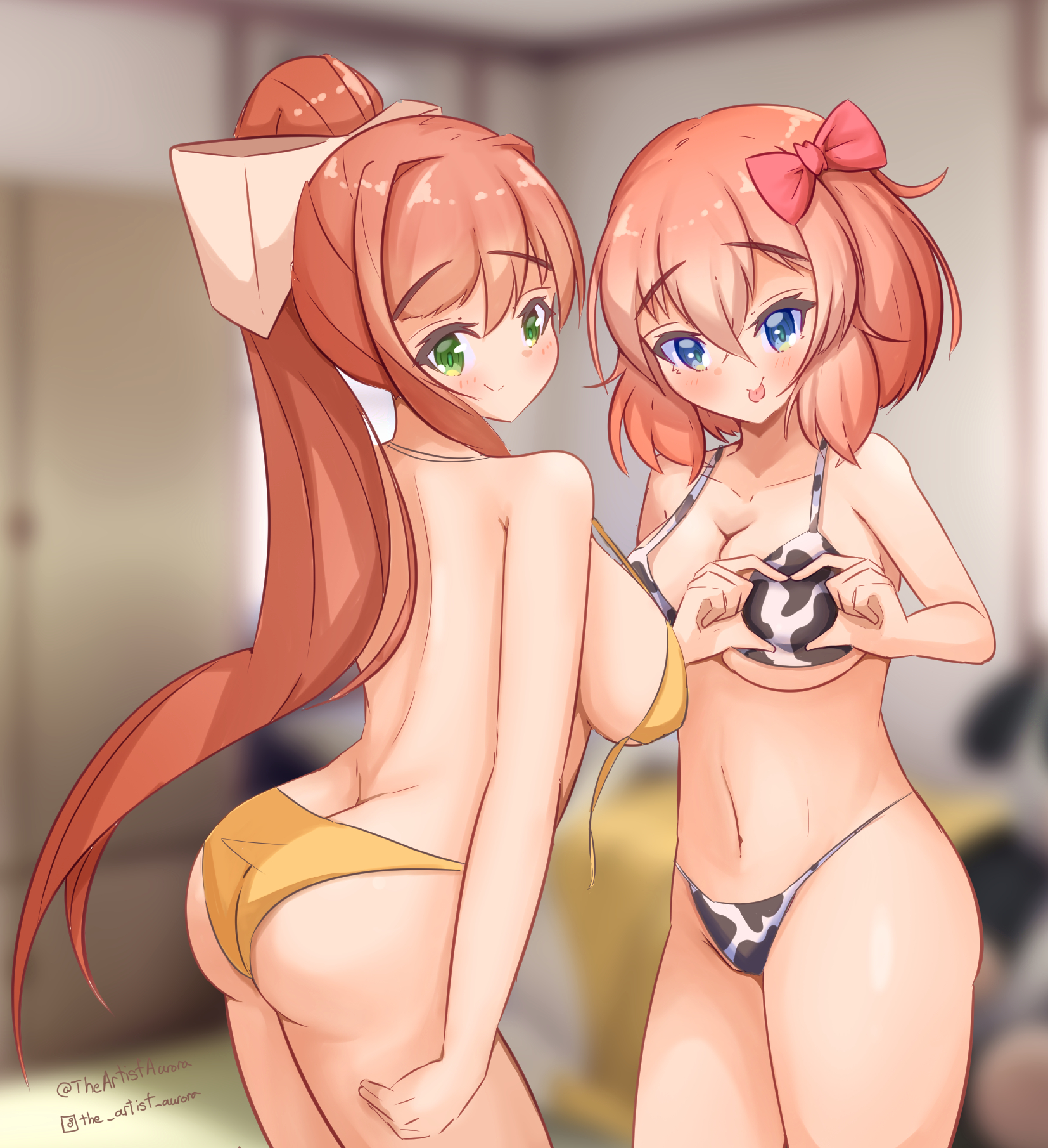 2girls, alternate costume, ass, breasts, cute, doki doki literature club, female, female only, monika (doki doki literature club), sayori (doki doki literature club), theartistaurora, white bow