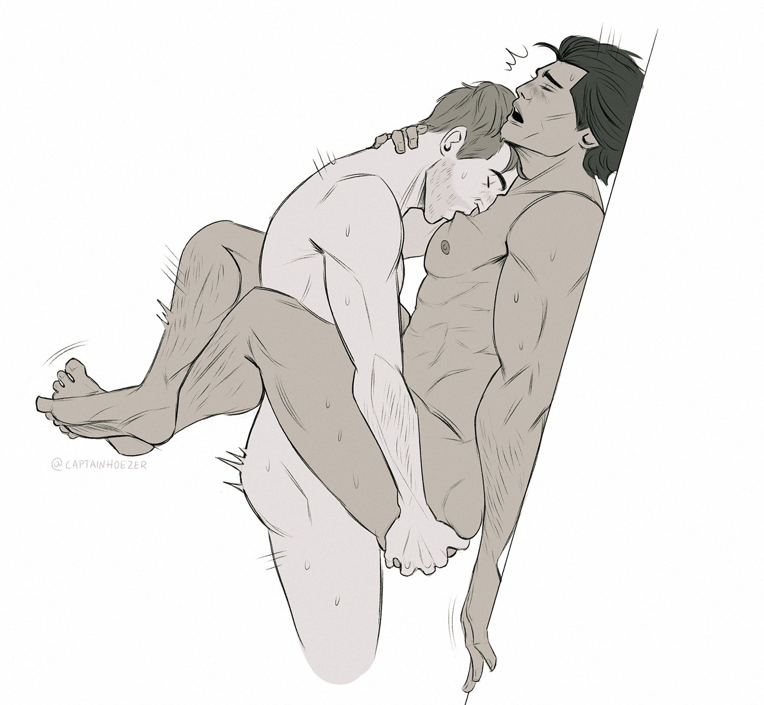 against surface, against wall, anal sex, bite, biting breast, black hair, breasts, captainhoezer, closed eyes, gay, gay sex, lifted, lifted by another, lifting person, male, male only, male/male, marvel, marvel comics, miguel o'hara, muscular, nude, peter b parker, spider-man 2099, spider-man: across the spider-verse, sweat, yaoi