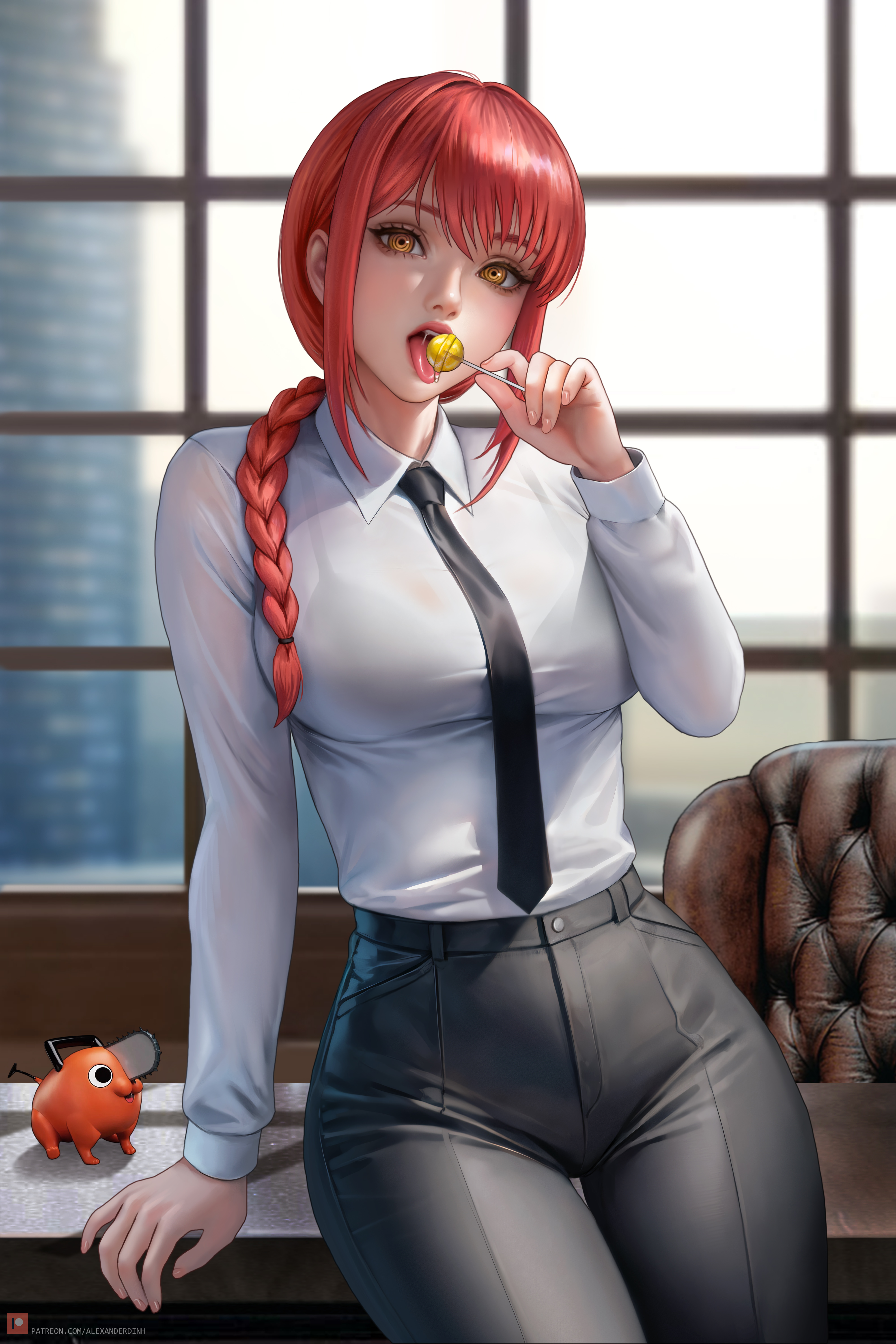 1girls, absurd res, alexander dinh, breasts, chainsaw man, female, female only, hi res, huge breasts, licking lollipop, lollipop, looking at viewer, makima (chainsaw man), office lady, solo, voluptuous, voluptuous female, yellow eyes