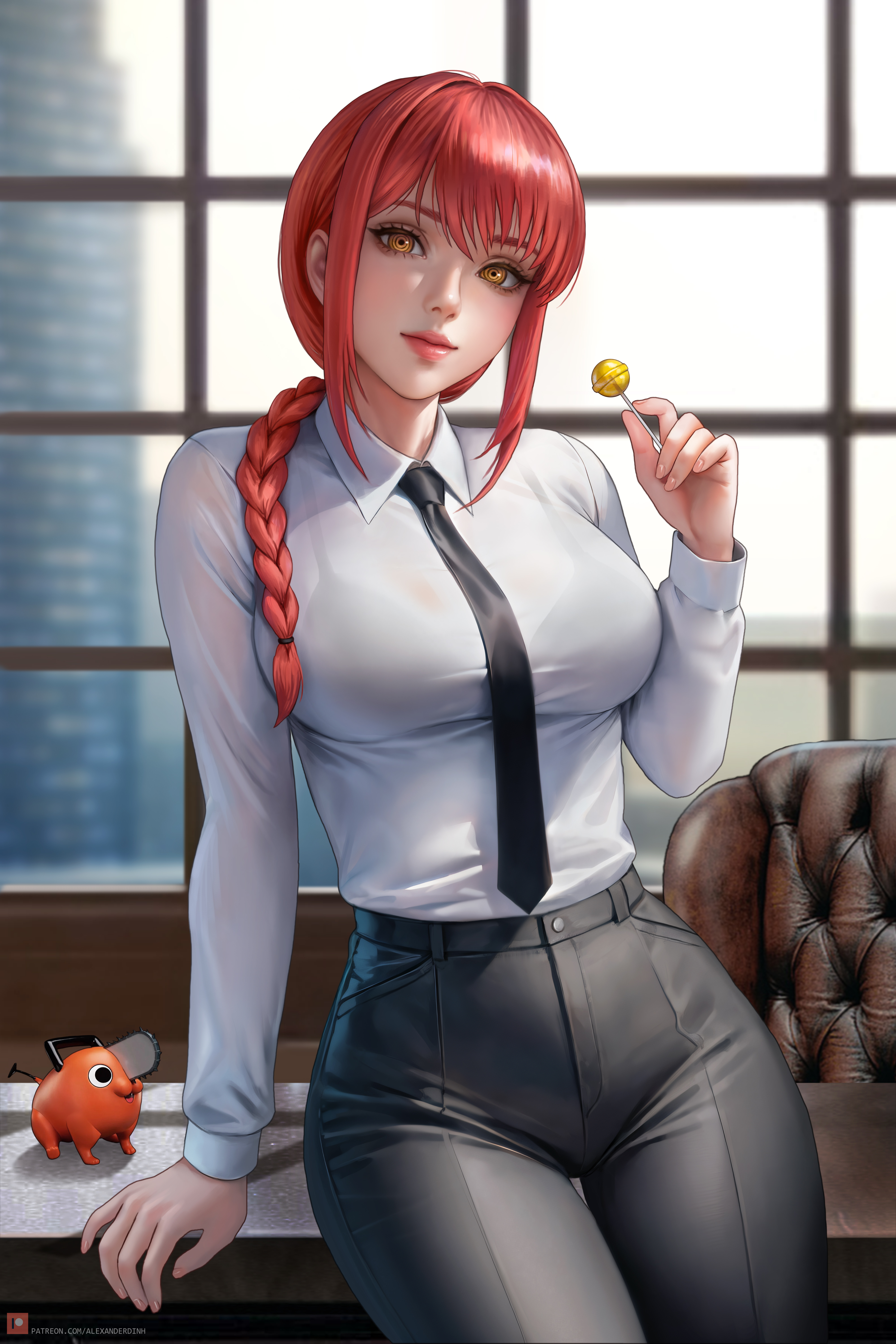 1girls, absurd res, alexander dinh, chainsaw man, curvy body, curvy female, dominant female, female, female focus, female only, highres, makima (chainsaw man), mature female, office lady, red hair, seductive look, voluptuous, voluptuous female