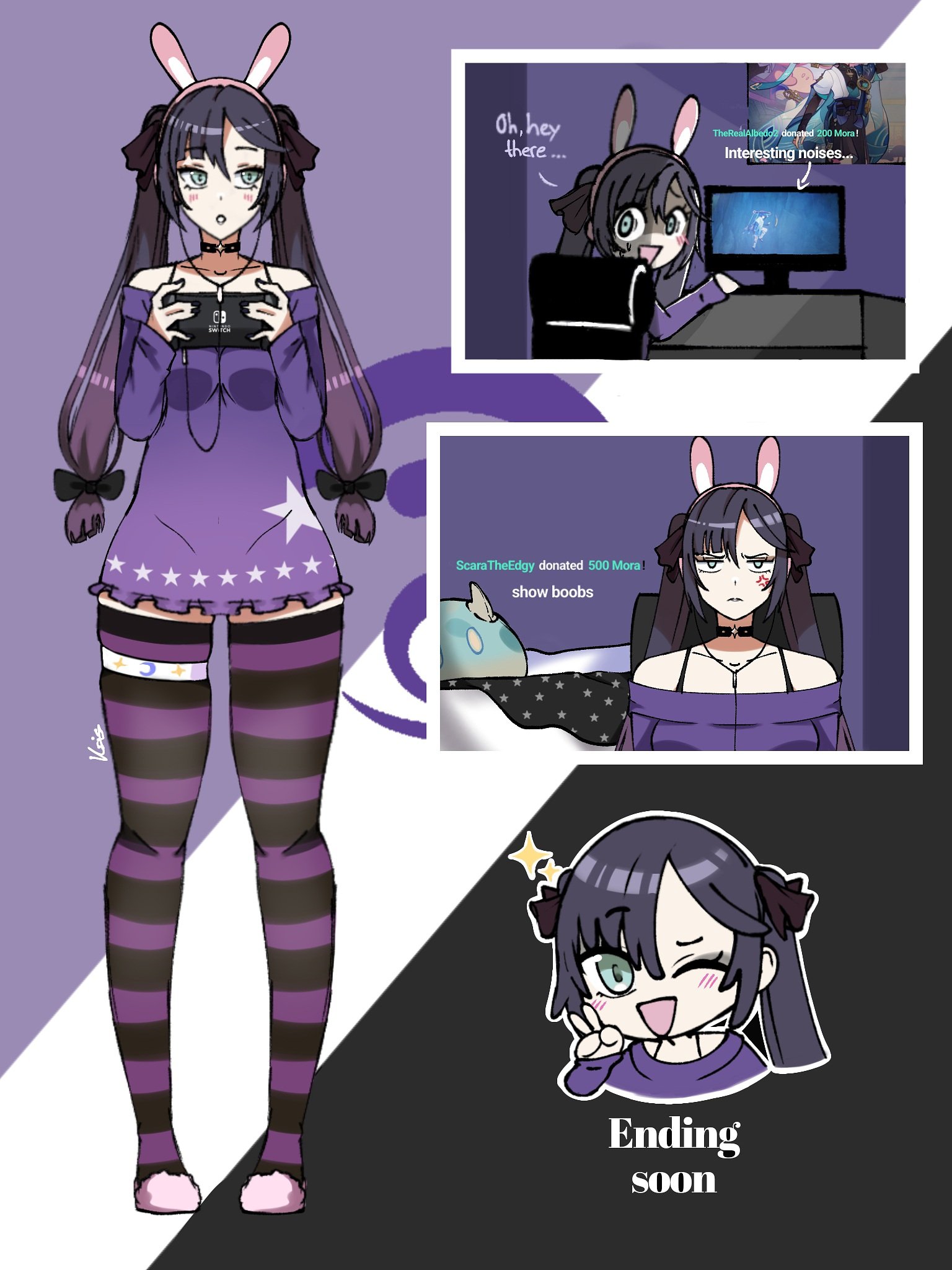 1girls, anger vein, bunny ears, choker, clothing, dress, english text, female, gamer girl, genshin impact, mona (genshin impact), nintendo switch, scaramouche (genshin impact), streamer, streaming, striped legwear, stripes, thighhighs, twintails