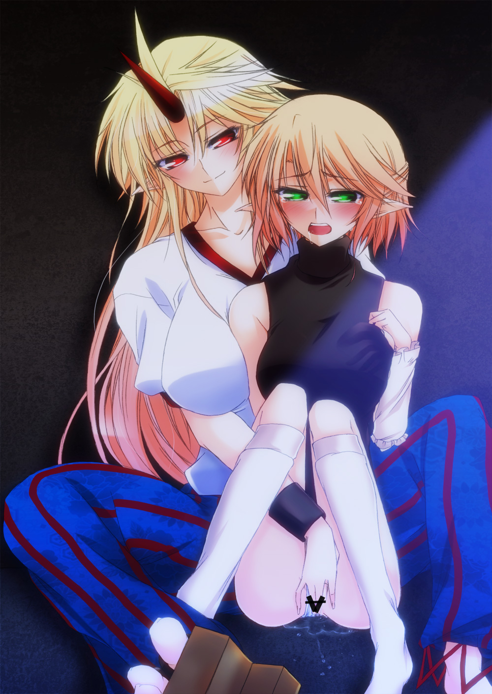 1_horn 2girls blonde_hair blush breasts crying crying_with_eyes_open drooling female_focus fingering grabbing grabbing_another's_breast green_eyes hazuki_kasane hazuki_rui horns hoshiguma_yuugi kneehighs large_breasts mizuhashi_parsee multiple_girls oni parsee_mizuhashi pointy_ears pussy_juice red_eyes saliva tears tenka_no_nuuboo touhou yuri yuugi_hoshiguma