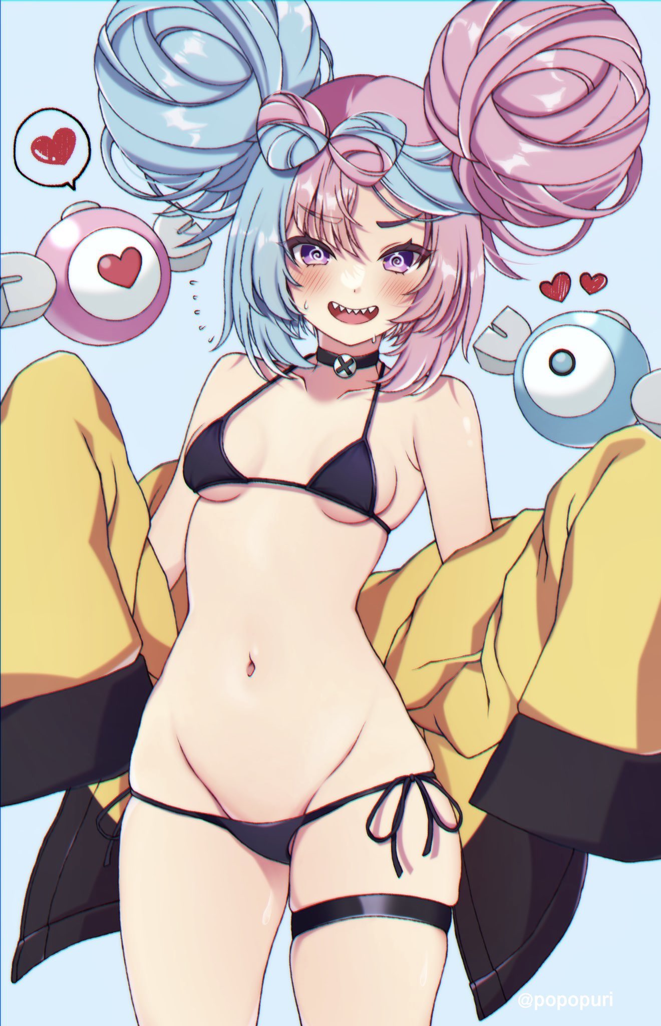 belly, blush, breasts, cowboy shot, embarrassed, female, heart-shaped pupils, iono (pokemon), micro bikini, nervous smile, pokemon, pokemon sv, popo (popopuri), sharp teeth, signature, small breasts, swirly eyes, thick thighs, thigh strap, thighs, twitter username