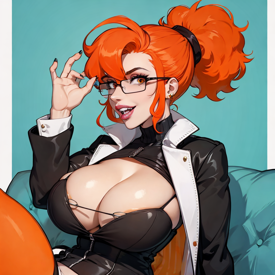 ai generated, breasts, family guy, female, glasses, modeling, nerd, nerdy female, orange hair, patty (family guy), ponytail