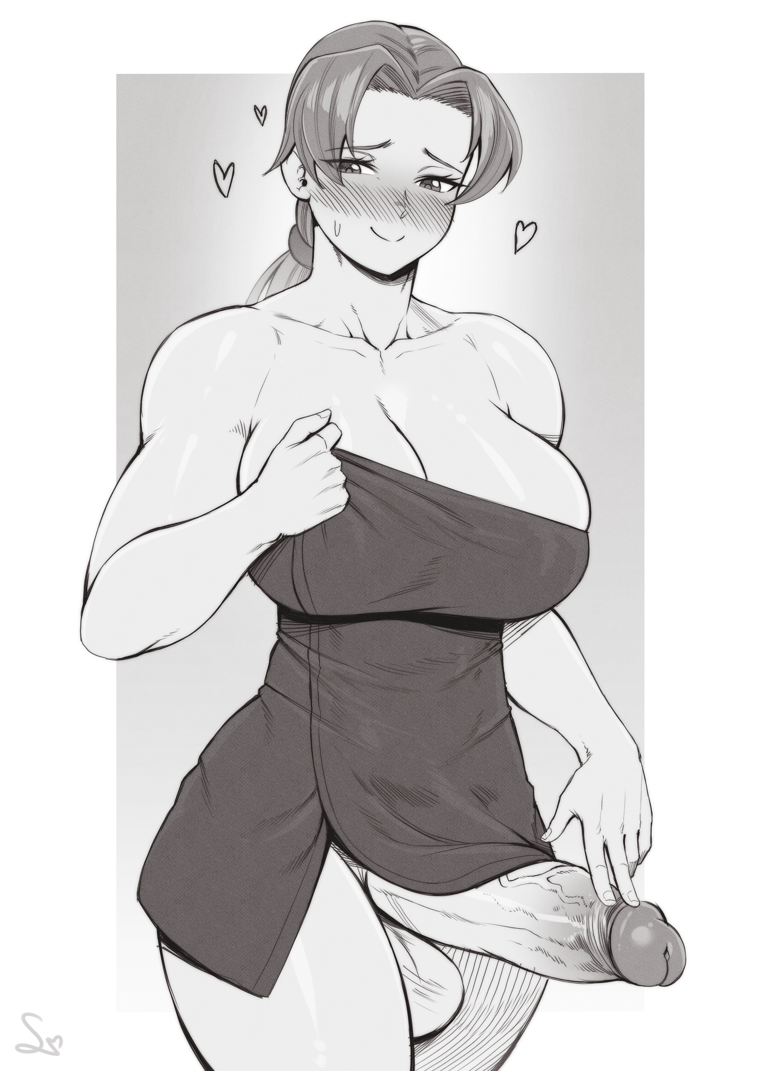 1futa, 2023, balls, big breasts, big penis, blush, bottomless, breasts, cleavage, clothed, clothing, delia ketchum (pokemon), embarrassed, erection, female, front view, futa only, futanari, greyscale, heart, hi res, huge cock, human, intersex, long hair, looking at viewer, milf, mostly clothed, mother, muscular, muscular futa, penis, pokemon, smile, solo, speedl00ver, standing, testicles, veiny penis