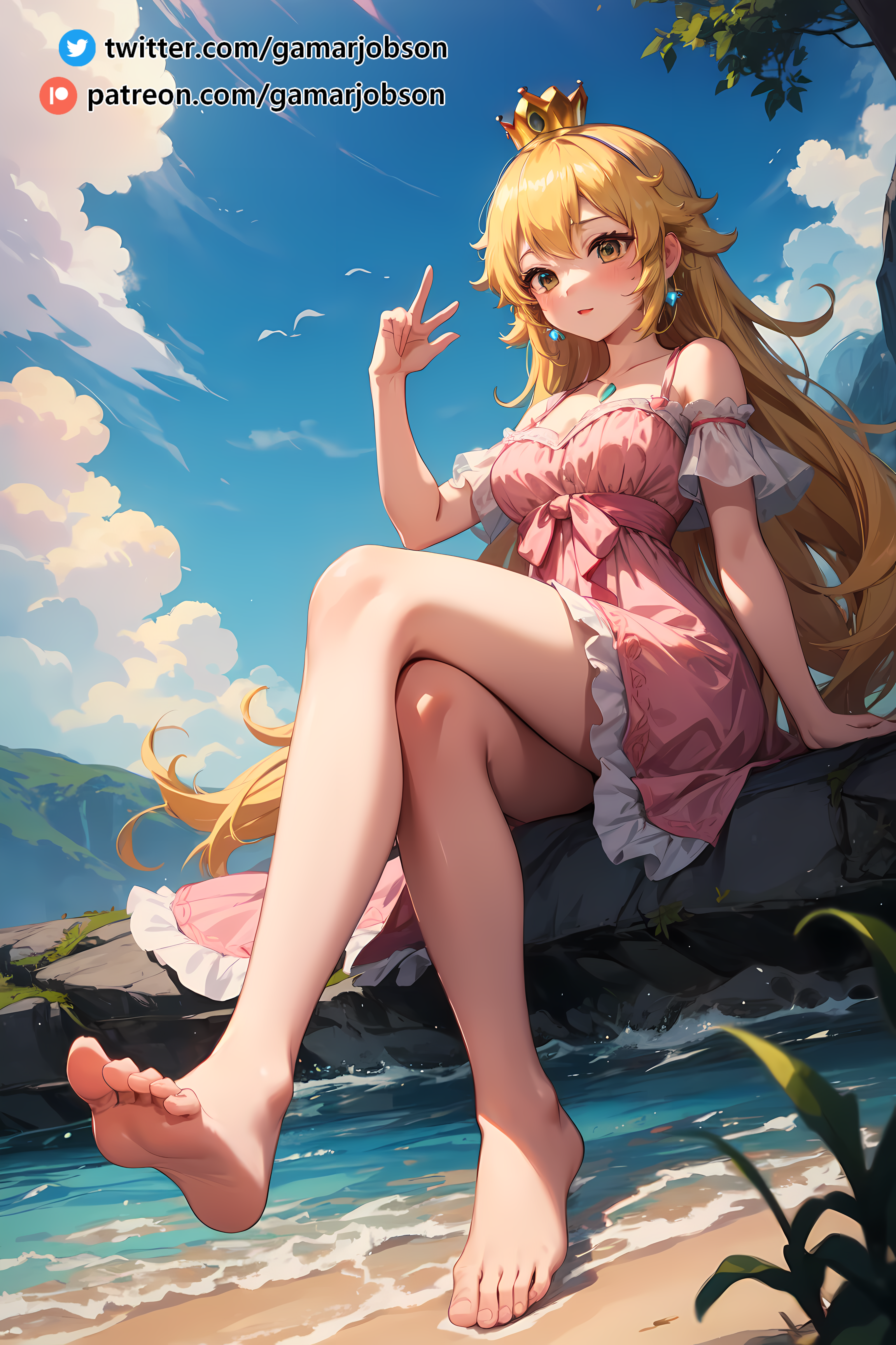 ai generated, barefoot, blonde hair, crown, feet, female, foot fetish, foot focus, gamarjobson, looking at viewer, mario (series), nintendo, pov, pov feet, princess, princess peach, soles