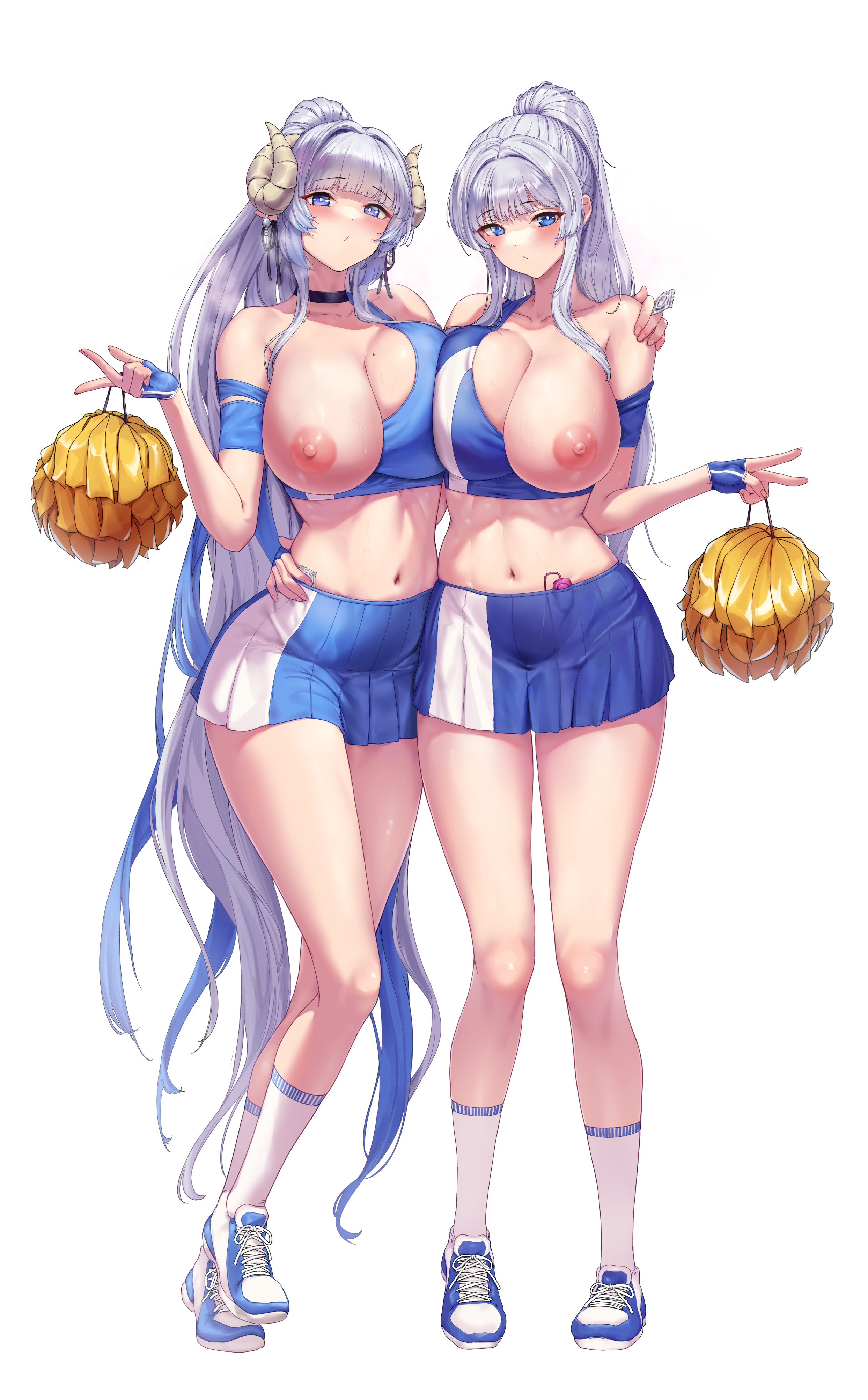 2d, 2girls, blush, breasts, breasts out, cheerleader uniform, female, female only, grey hair, horn, horns, huge breasts, jinmeii, looking at viewer, multiple females, multiple girls, one breast out, peace sign, skindentation, solid color background, standing, tagme, vibrator, vibrator under clothes, white background, white hair