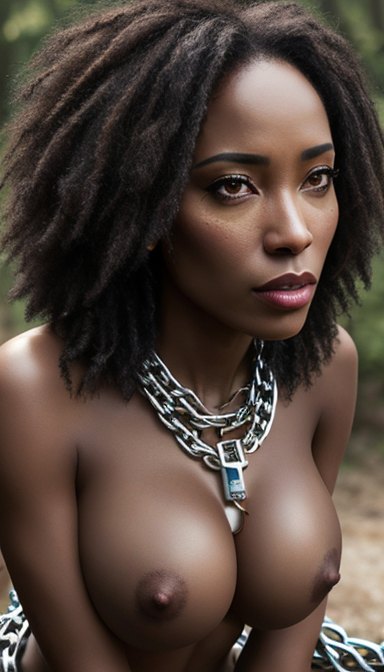 african african_female afro ai_generated big_lips black_women brown_eyes chained_up chains close-up cotton-picker dark-skinned_female dark_nipples dark_skin fake_photo fantasy field_worker huge_breasts short_hair slave slave_collar slavegirl ziggy25