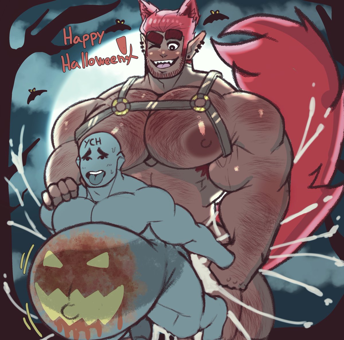 anal anal_sex balls bara bara_tits big_balls big_pecs big_penis blush body_hair cum cum_in_ass gay halloween inflation male male_only muscles muscular oc one_eye_closed orgasm original_character pen_(pteroscreams) penis pointy_ears pteroscreams red_hair sex tail