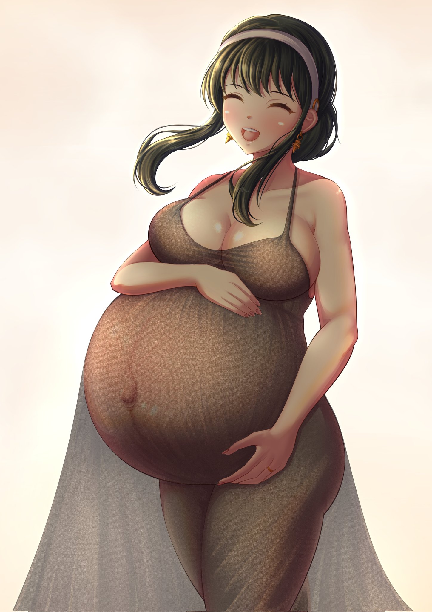 1girls, belly, big belly, big breasts, black hair, breasts, cleavage, earrings, eyes closed, female, john2989027, linea nigra, open mouth, outie navel, pregnant, smile, solo, spy x family, translucent clothing, yor briar