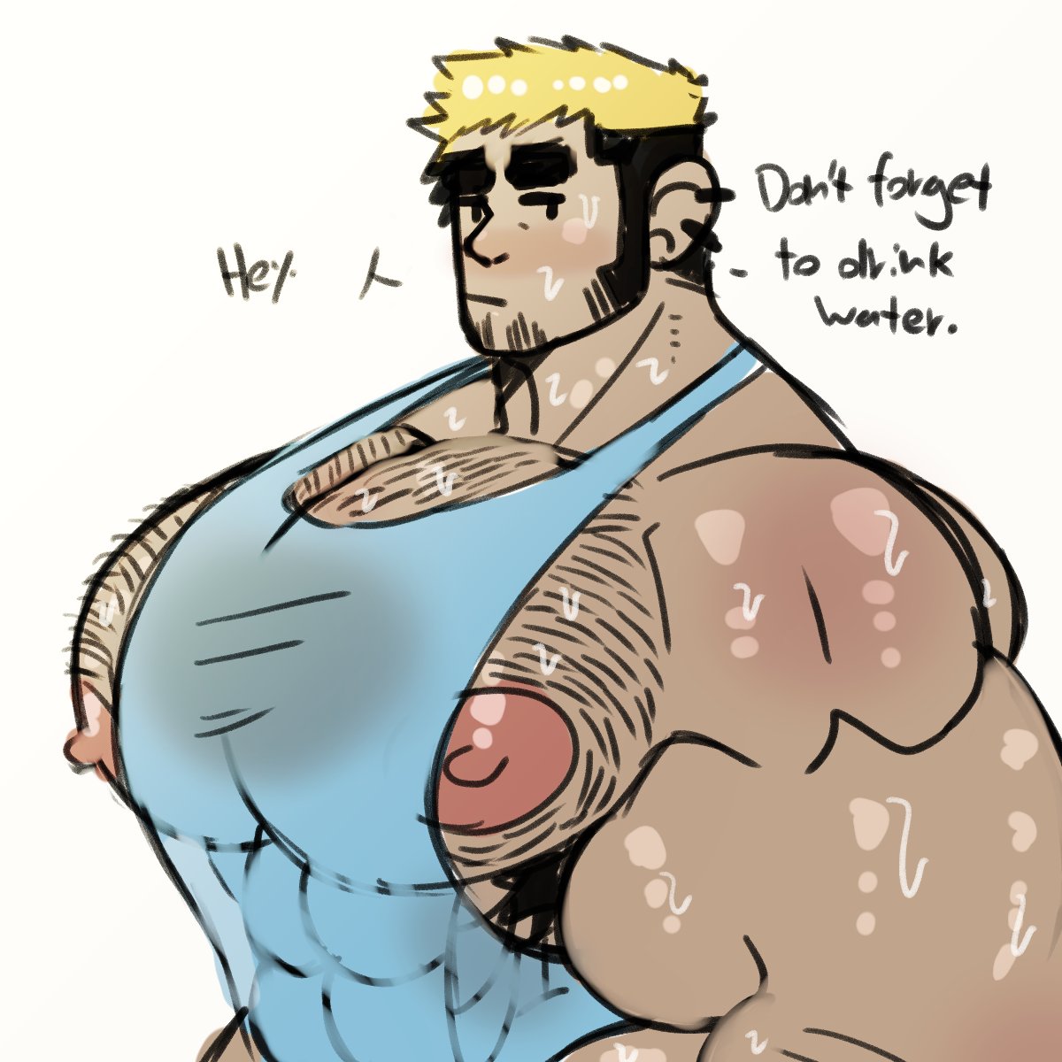 alex_(pteroscreams) bara bara_tits big_pecs body_hair gay male male_only muscles muscular oc original_character pteroscreams solo solo_male sweat sweating tank_top text yellow_body