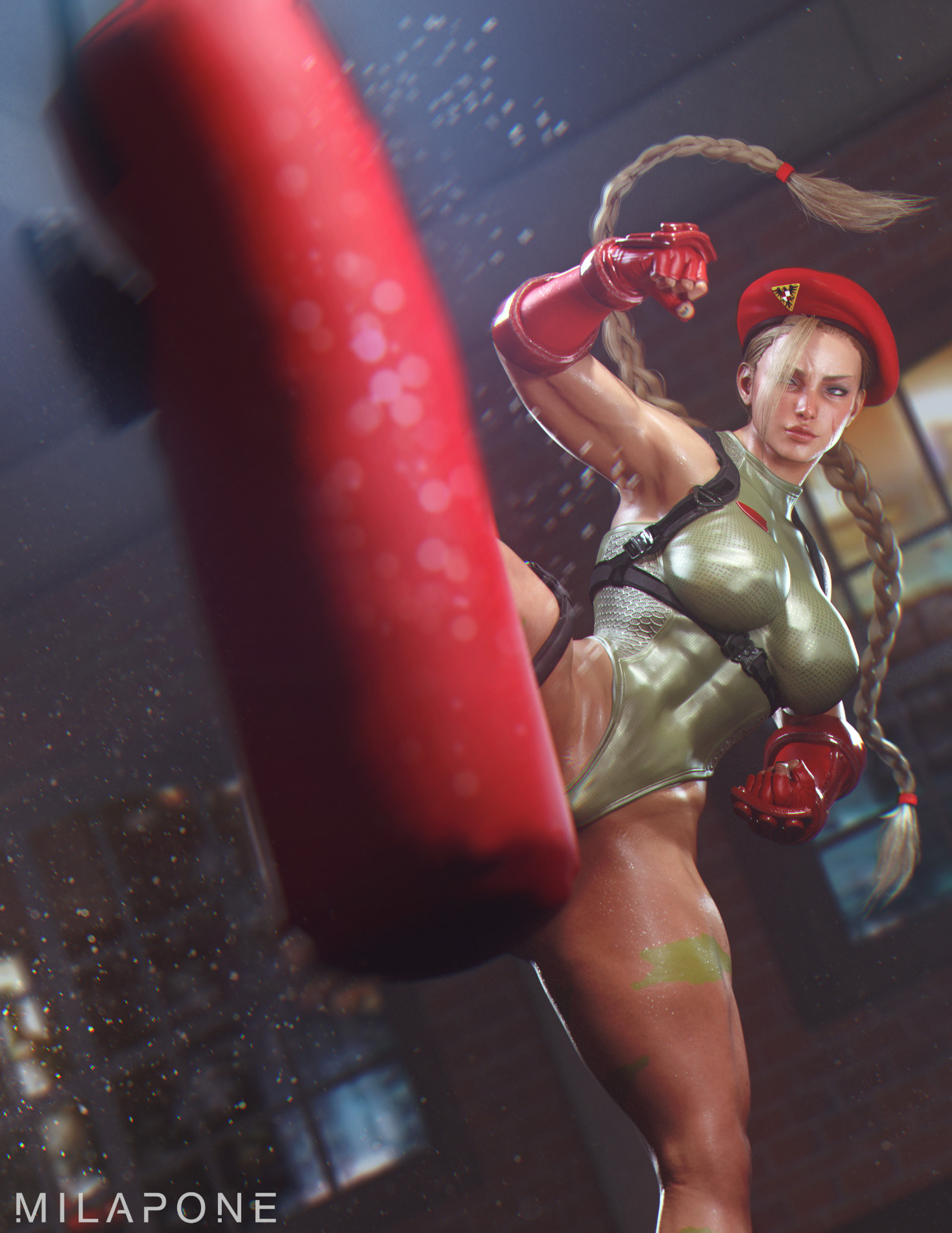 1girls, 3d, 3d (artwork), ass, athletic, athletic female, beret, big ass, big breasts, big thighs, blonde hair, braided hair, braided twintails, breasts, cammy white, capcom, child bearing hips, female, female focus, female only, fingerless gloves, fit, fit female, gloves, hi res, highres, hips, large breasts, large thighs, leotard, light skin, light-skinned female, milapone, muscles, muscular, muscular female, punching bag, scar, scar on face, solo, solo female, solo focus, standing, street fighter, street fighter 6, thick thighs, thigh gap, thigh strap, thighs, wholesome, wide hips