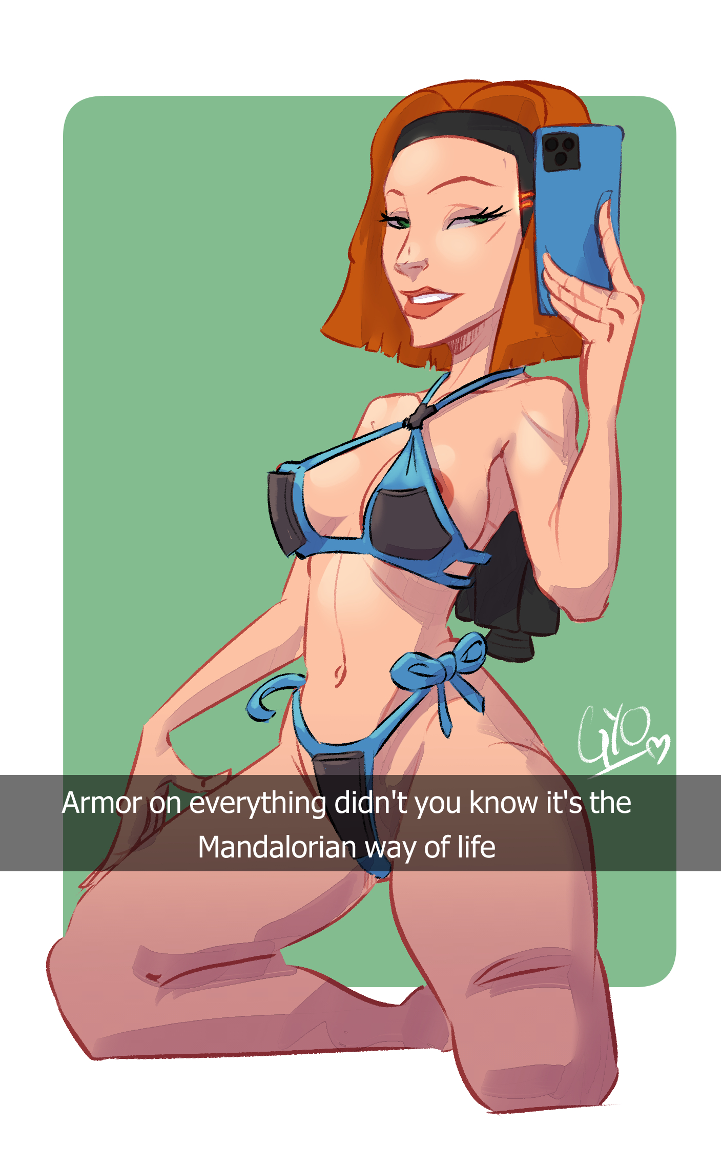 1girls, bikini, bo-katan kryze, border, breasts, camera, clone wars, dialogue, dialogue box, english text, eyelashes, female, female only, green background, green eyes, hairband, hand on leg, holding camera, holding object, holding phone, human, its gyo, kneeling, light skin, long eyelashes, lucasfilm, mandalorian, mandalorian armor, medium breasts, metal bikini, mirror, mirror selfie, nipple slip, parted lips, phone, photo, pose, red hair, seductive, selfie, sexting, short hair, short-haired female, snapchat, solo, solo female, star wars, swimwear, taking picture, teeth, text, thick thighs, wardrobe malfunction, white border
