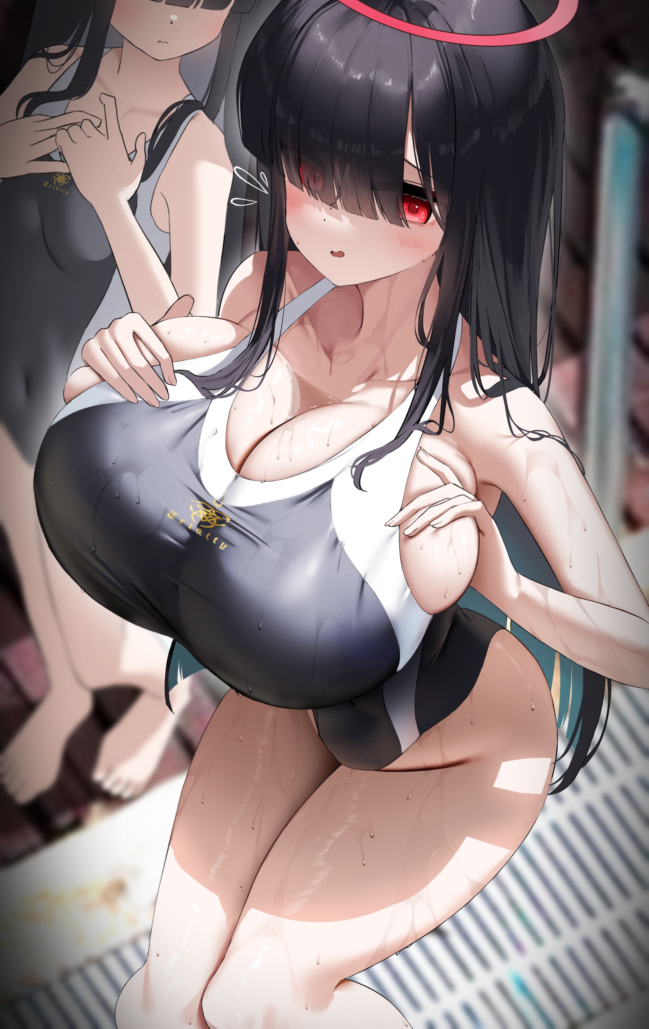 2girls, ass, ass visible through thighs, barefoot, blue archive, blunt bangs, blush, breasts, cleavage, cleavage overflow, female, from above, gigantic ass, gigantic breasts, hair over eyes, hair over one eye, justice task force (blue archive), justice task force member (blue archive), looking at another, looking up, nicorima, one-piece swimsuit, school swimsuit, skindentation, sweatdrop, swimsuit, thick thighs, trinity general school logo (blue archive), trinity general school student, wet skin, wide hips