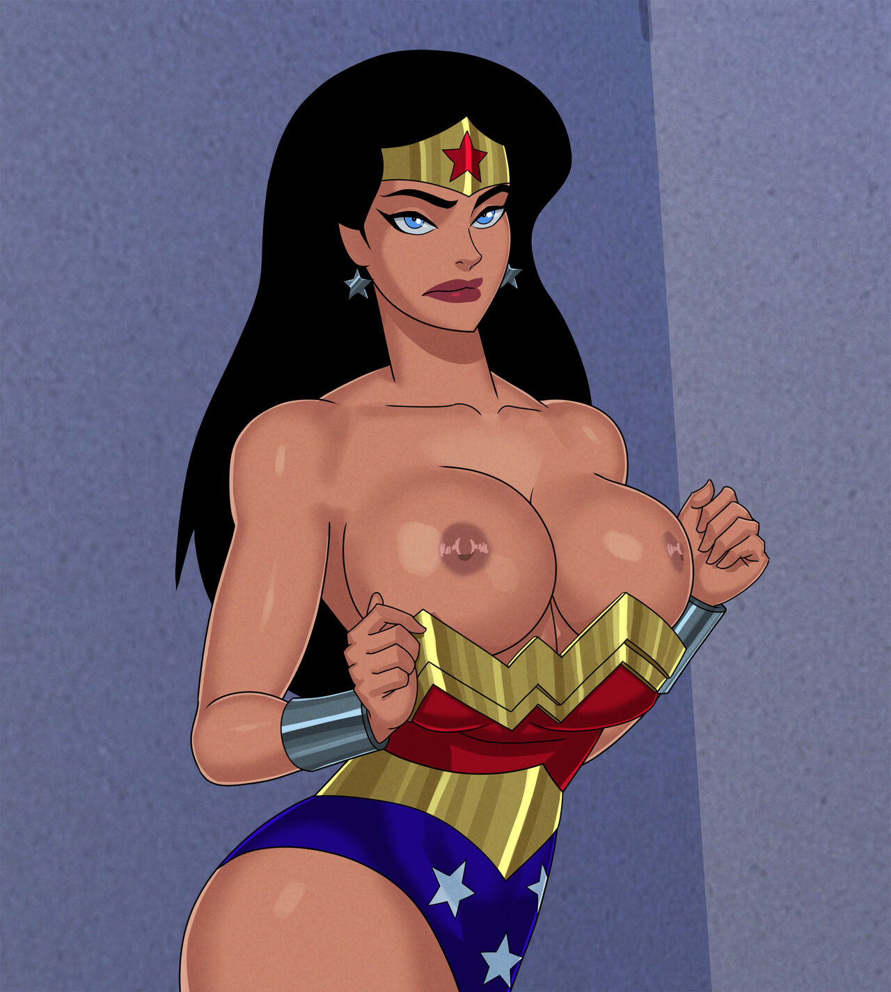 1girls amazon big_breasts black_hair blue_eyes breasts dc dc_comics dcau earrings female female_only heroine justice_league nipples silver_bracelet solo solo_female star_earrings sunsetriders7 superheroine tagme tiara wonder_woman wonder_woman_(justice_league) wonder_woman_(series)