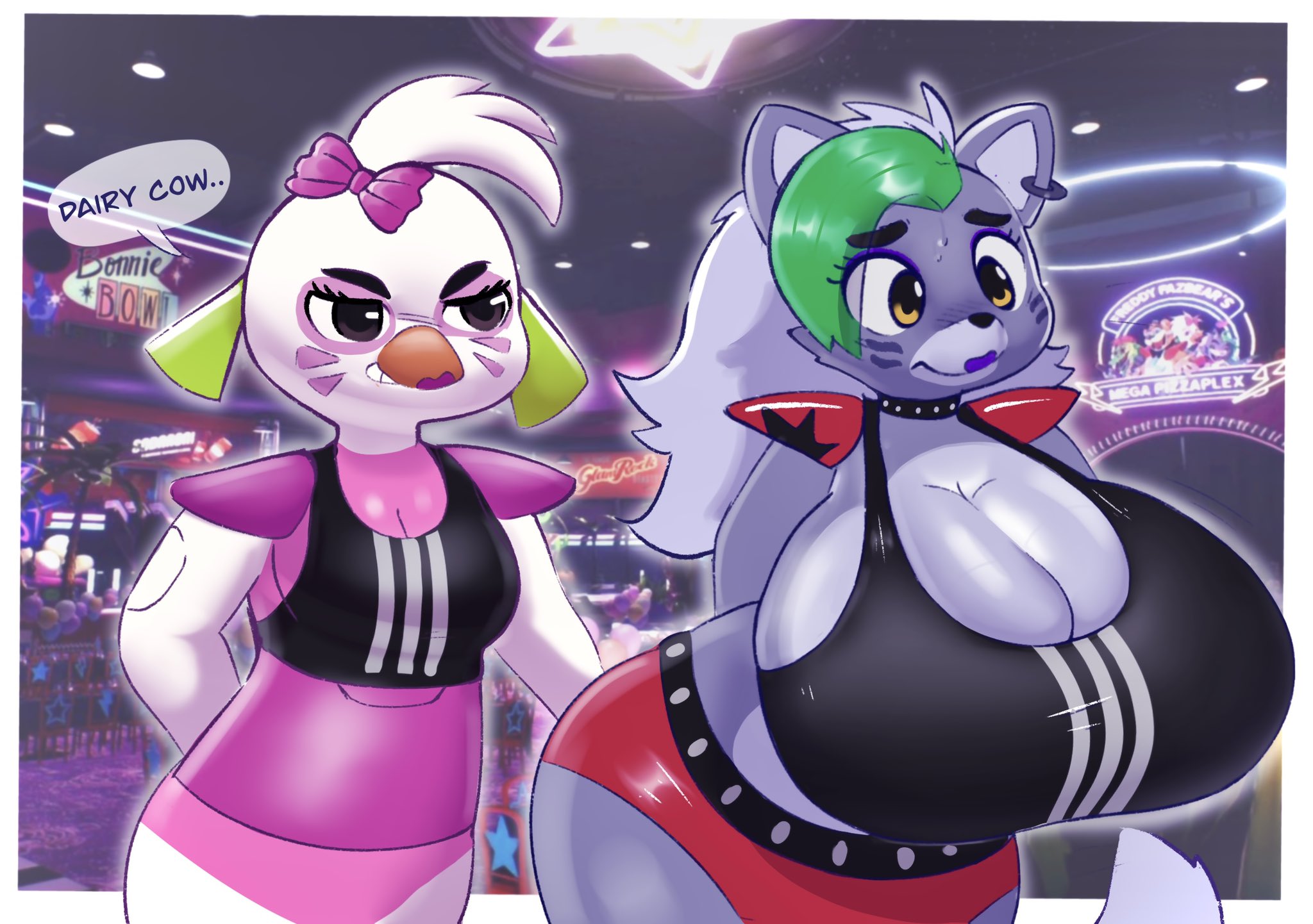 big breasts, breasts, female, five nights at freddy's, five nights at freddy's: security breach, gigantic breasts, glamrock chica (fnaf), huge breasts, inazuma kat, meme, roxanne wolf (fnaf), small breasts, sports bra difference meme