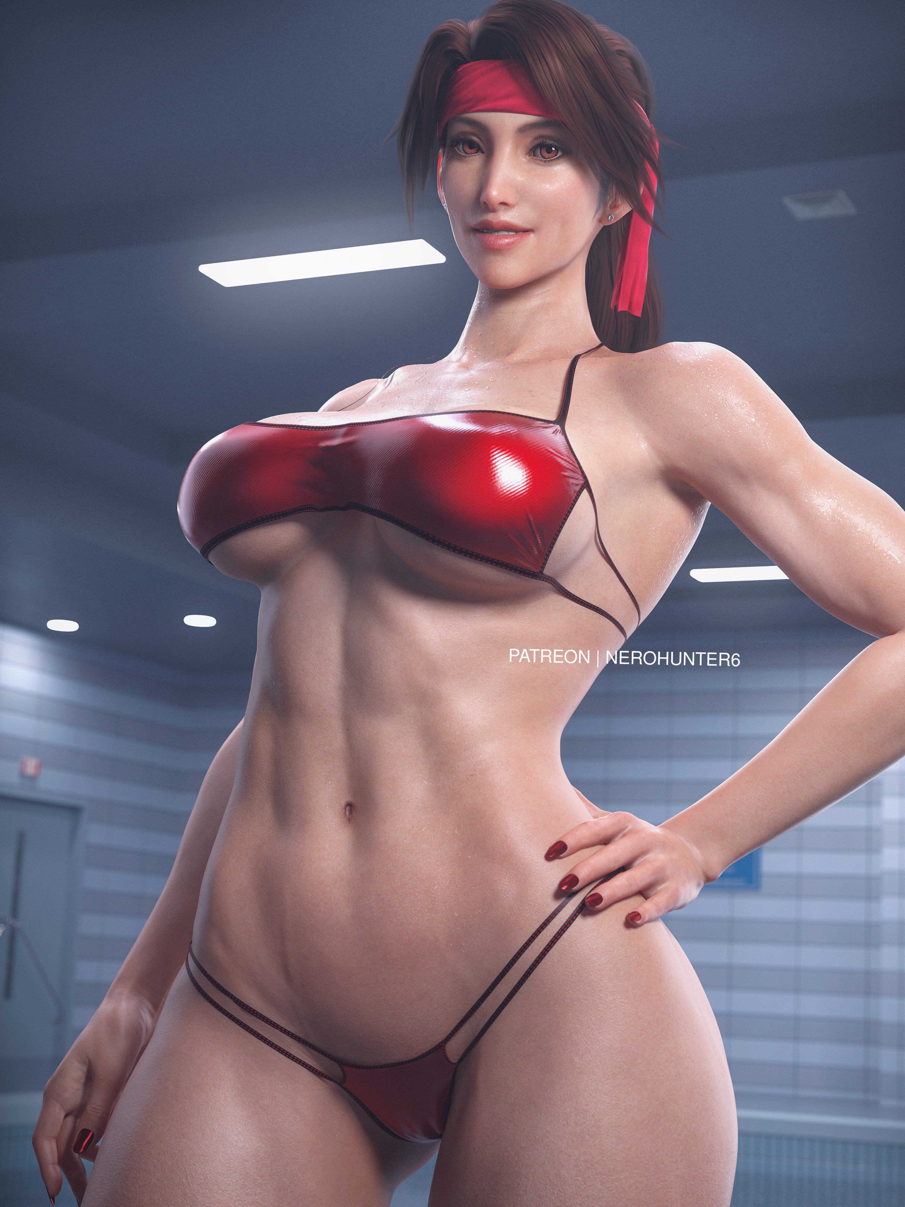 1girls, 3d, abs, absurdres, ass, big ass, big breasts, bikini top, bracelet, breasts, brown eyes, brown hair, eye fetish, female, female only, final fantasy, final fantasy vii, final fantasy vii remake, fit, fit female, hard nipples, headband, highres, jessie rasberry, jewelry, light skin, light-skinned female, long hair, muscles, muscular, muscular female, nail polish, nerohunter6, ponytail, realistic, red nails, six pack, square enix, swimsuit, thick thighs, thighs, toned, toned female, veiny muscles
