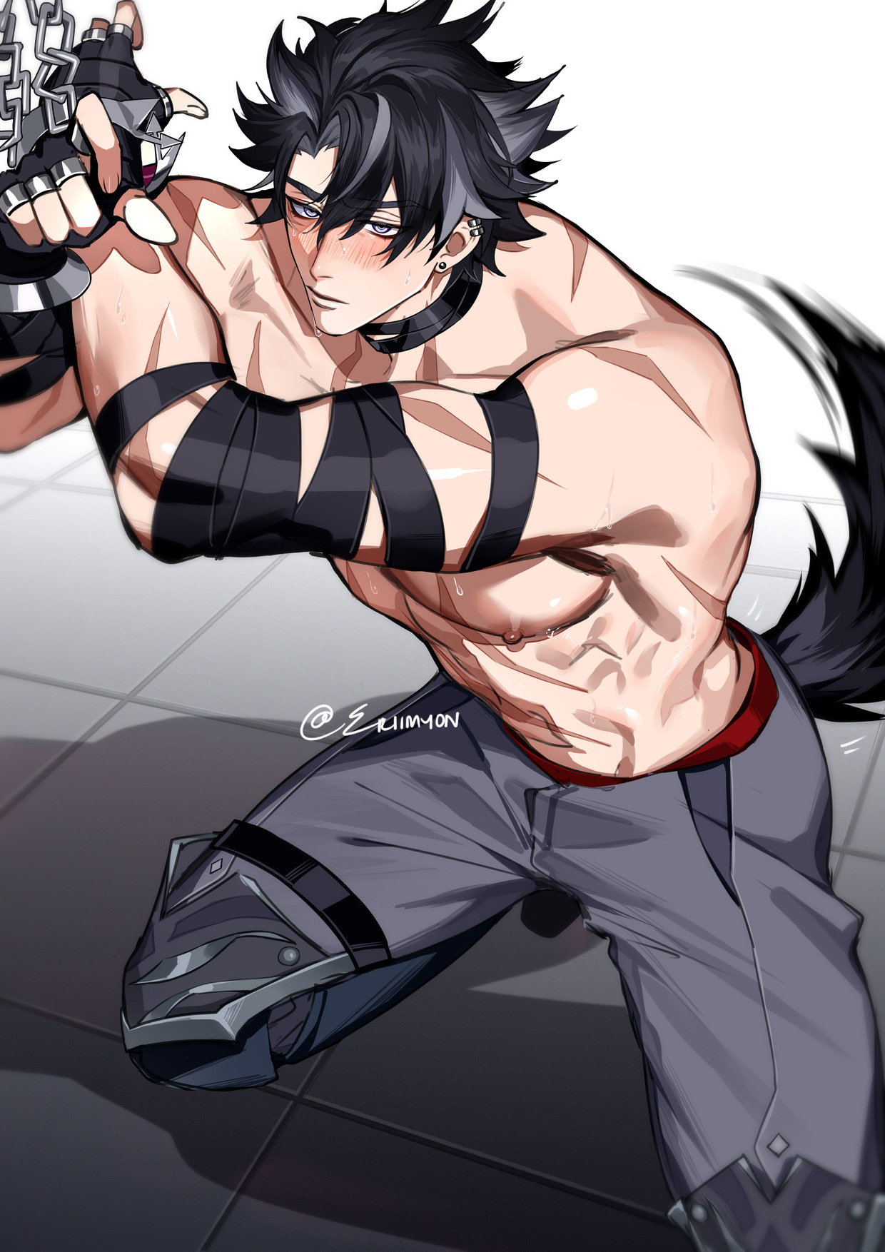 abs, blush, chained up, dog boy, dog tail, eriimyon, genshin impact, kneeling, male, male only, muscles, piercing, scar, solo focus, wagging tail, wriothesley (genshin impact)