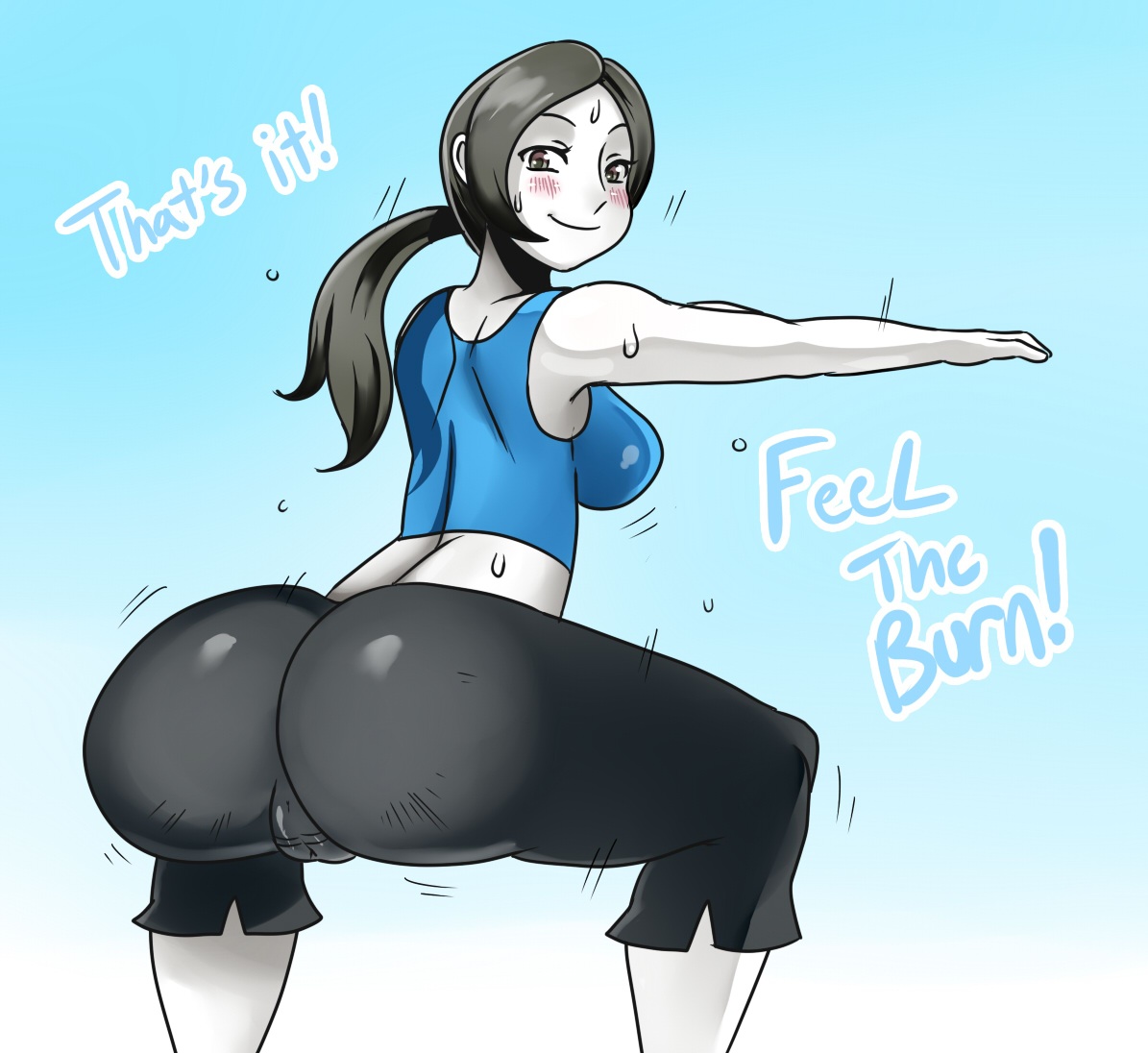 1girls, ass, ass focus, ass shake, bedroom eyes, big ass, big butt, bimbo, breasts, butt focus, female, female only, huge ass, inviting, nintendo, presenting, presenting hindquarters, seductive, seductive eyes, seductive look, seductive smile, showing ass, solo, squatting, sssonic2, sweat, text, twerking, wet, white skin, wii fit, wii fit trainer, wii fit trainer (female)