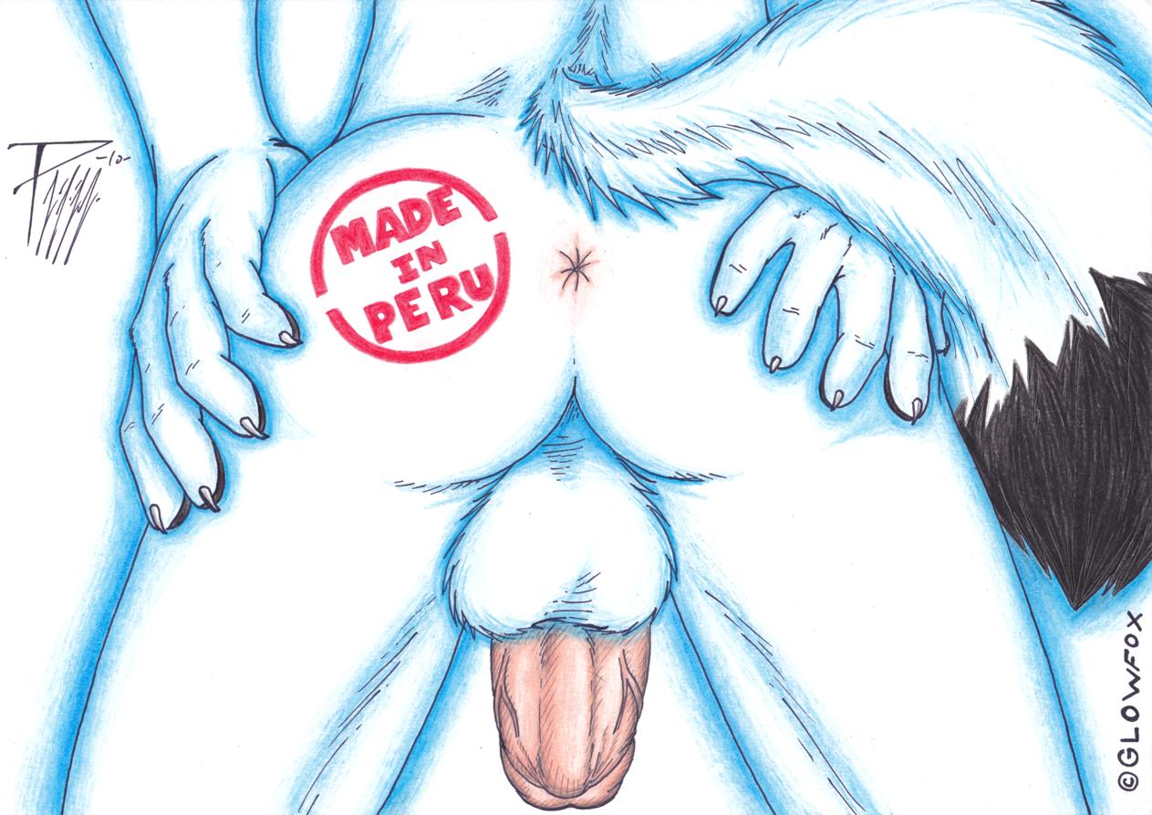 1boy anthro anus arctic canid canine close-up fox from_behind furry glowfox humanoid_penis male male_only no_humans nude penis sketch solo stamp testicles text traditional_media white_fur wolf