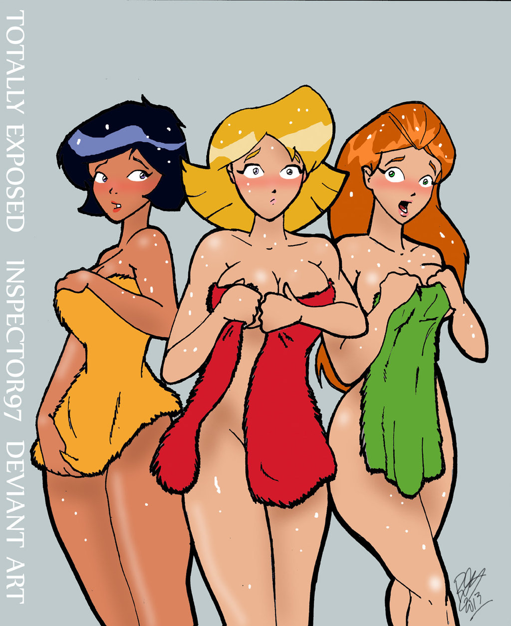 2013 3girls alex_(totally_spies) black_hair blonde_hair blue_eyes bob_cut breasts busty cleavage clover_(totally_spies) dark-skinned_female dark_skin embarrassed female female_only green_eyes hazel_eyes human inspector97 multiple_females orange_hair pale_skin redhead sam_(totally_spies) totally_spies towel trio voluptuous yellow_eyes