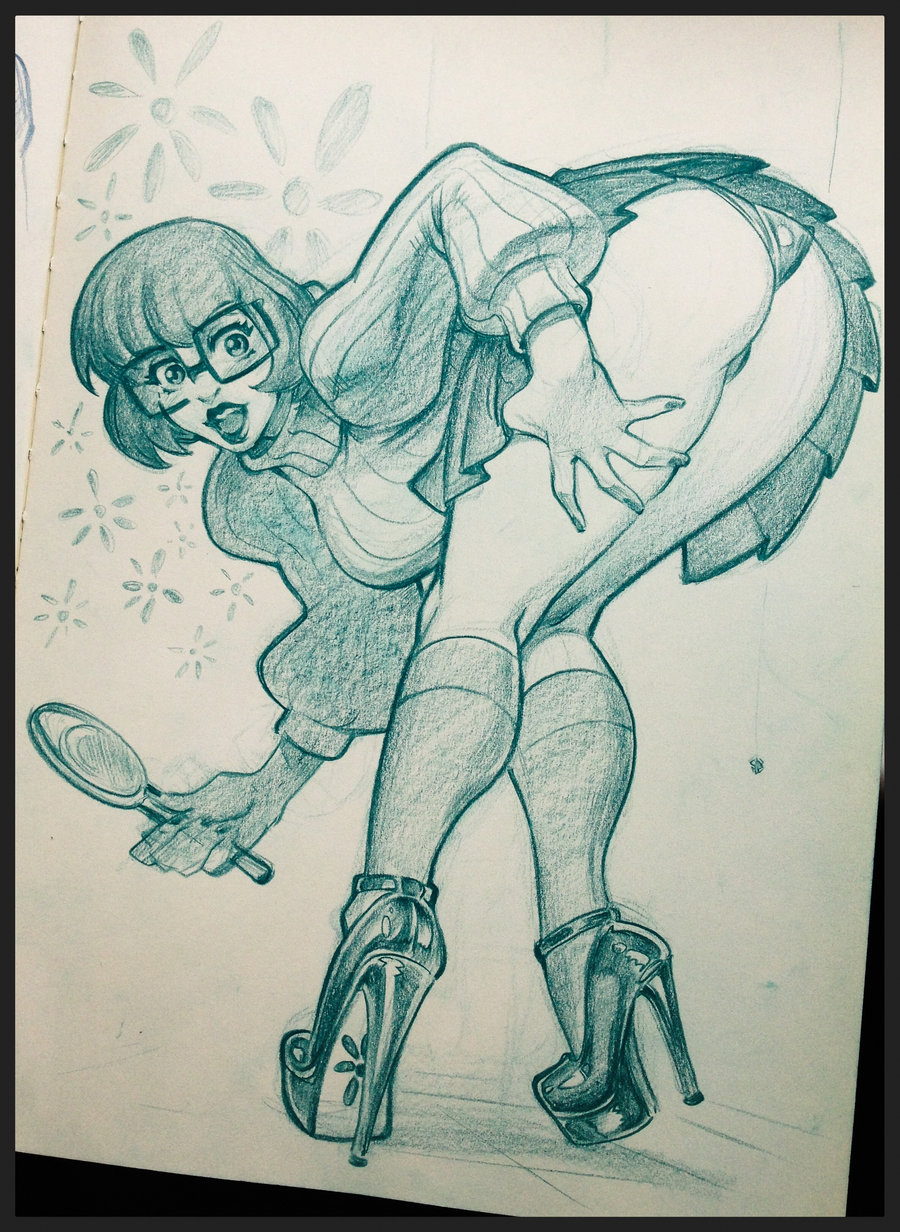 bent over, female, female only, glasses, hanna-barbera, high heels, human, lipstick, looking back, mirror, monochrome, panties, reiq, scooby-doo, solo, upskirt, velma dinkley
