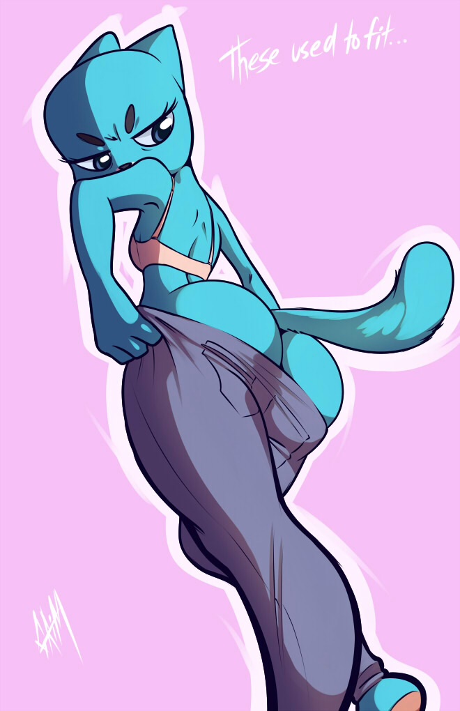 1girls, angry, anthro, anthro only, ass, blue eyes, bra, feline, female, female only, furry, jeans, mother, nicole watterson, pants, solo, tail, text, the amazing world of gumball, thefuckingdevil