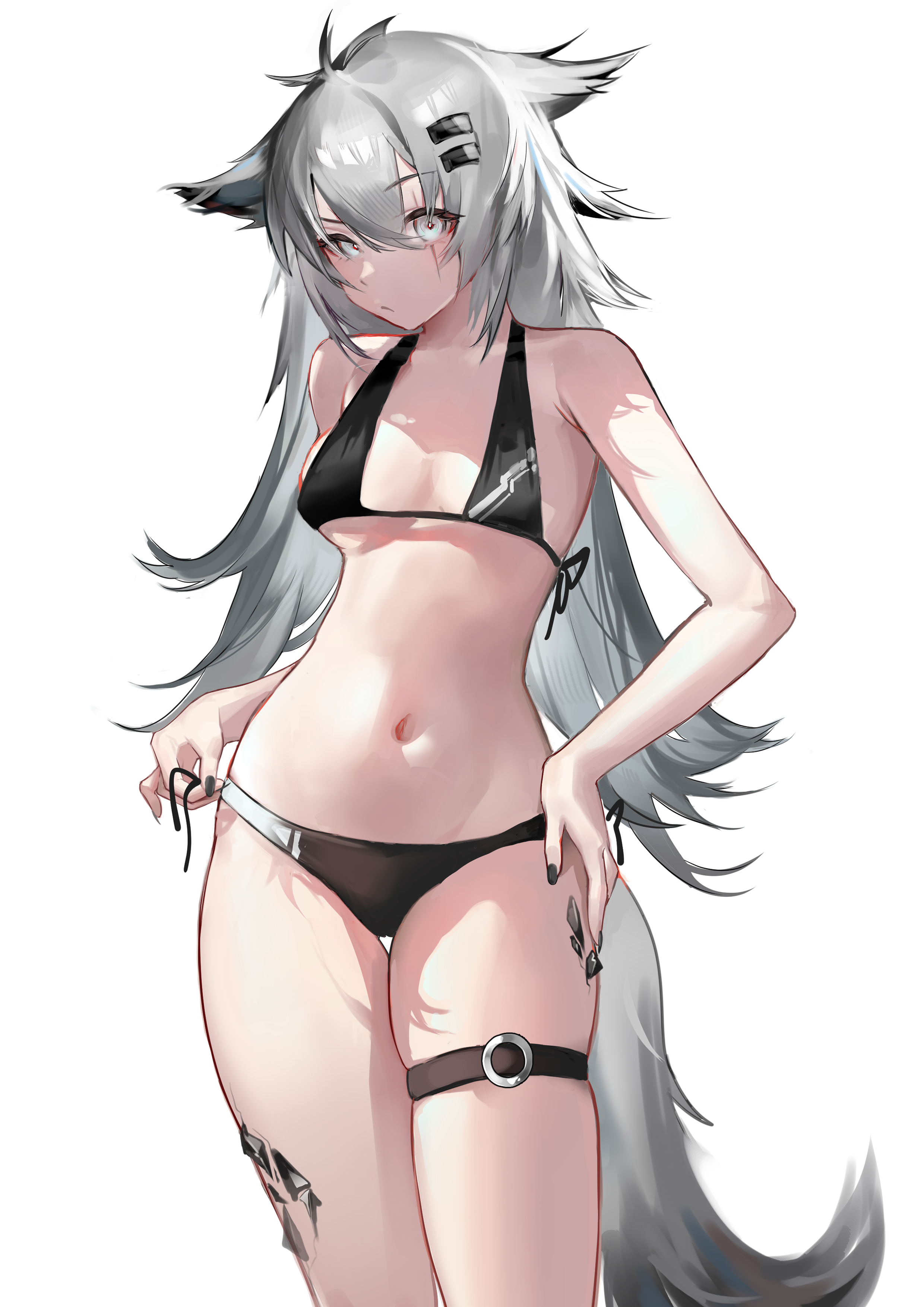 alternate costume, arknights, bikini, female, lappland (arknights), pale skin, solo, tagme (artist), white hair, wolf ears, wolf girl