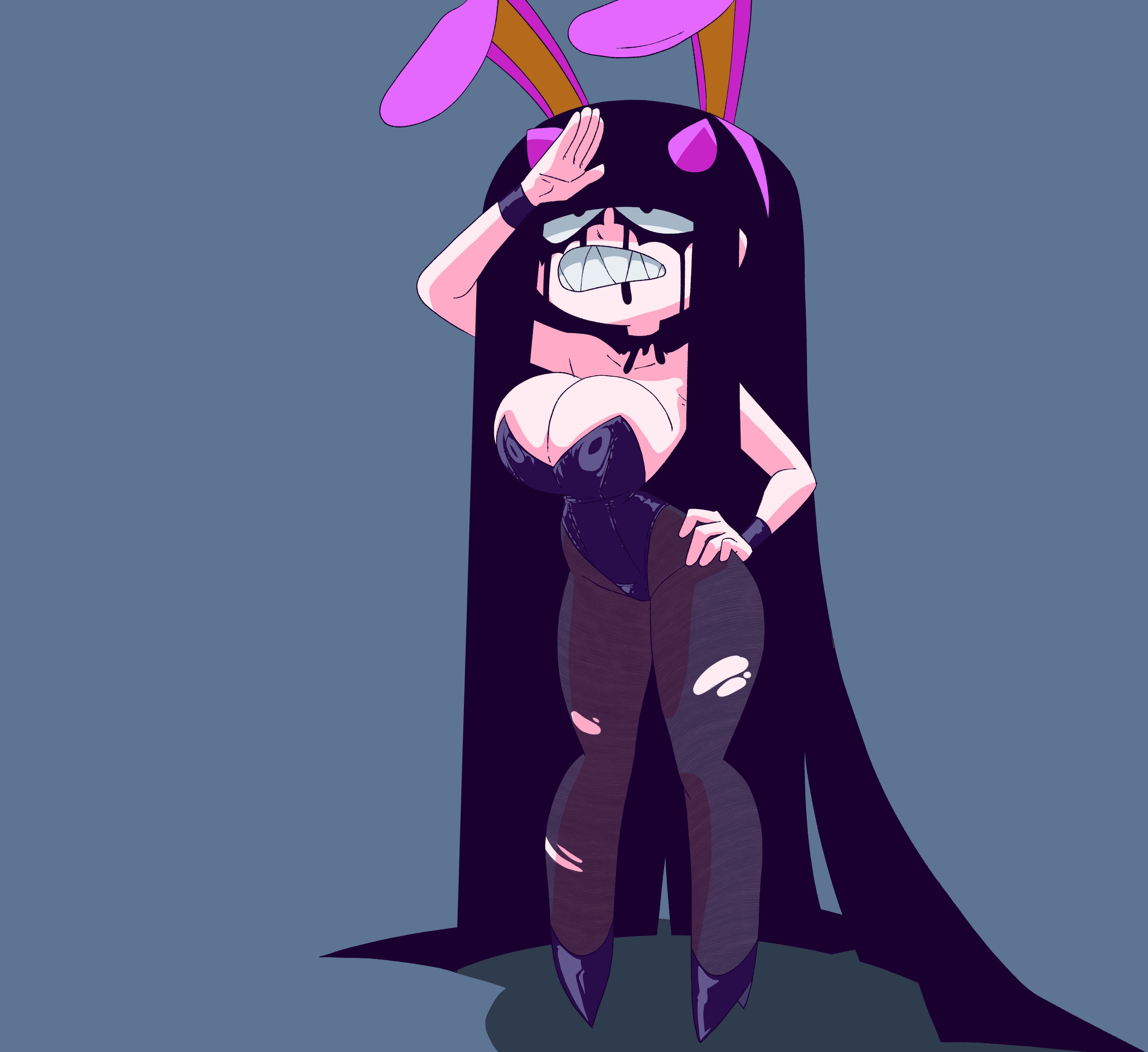 1girls, black eyes, black hair, bleeding mascara, breasts, bunny ears, bunnysuit, busty, cleavage, coolerinker, female, female focus, female only, goth, goth girl, high heels, horn, horns, hourglass figure, huge breasts, inker comics, inkershike, long hair, mascara, mascara tears, monica (inker comics), monica (inkershike), original character, pale skin, pantyhose, sharp teeth, tagme, thick thighs, torn legwear, wide hips
