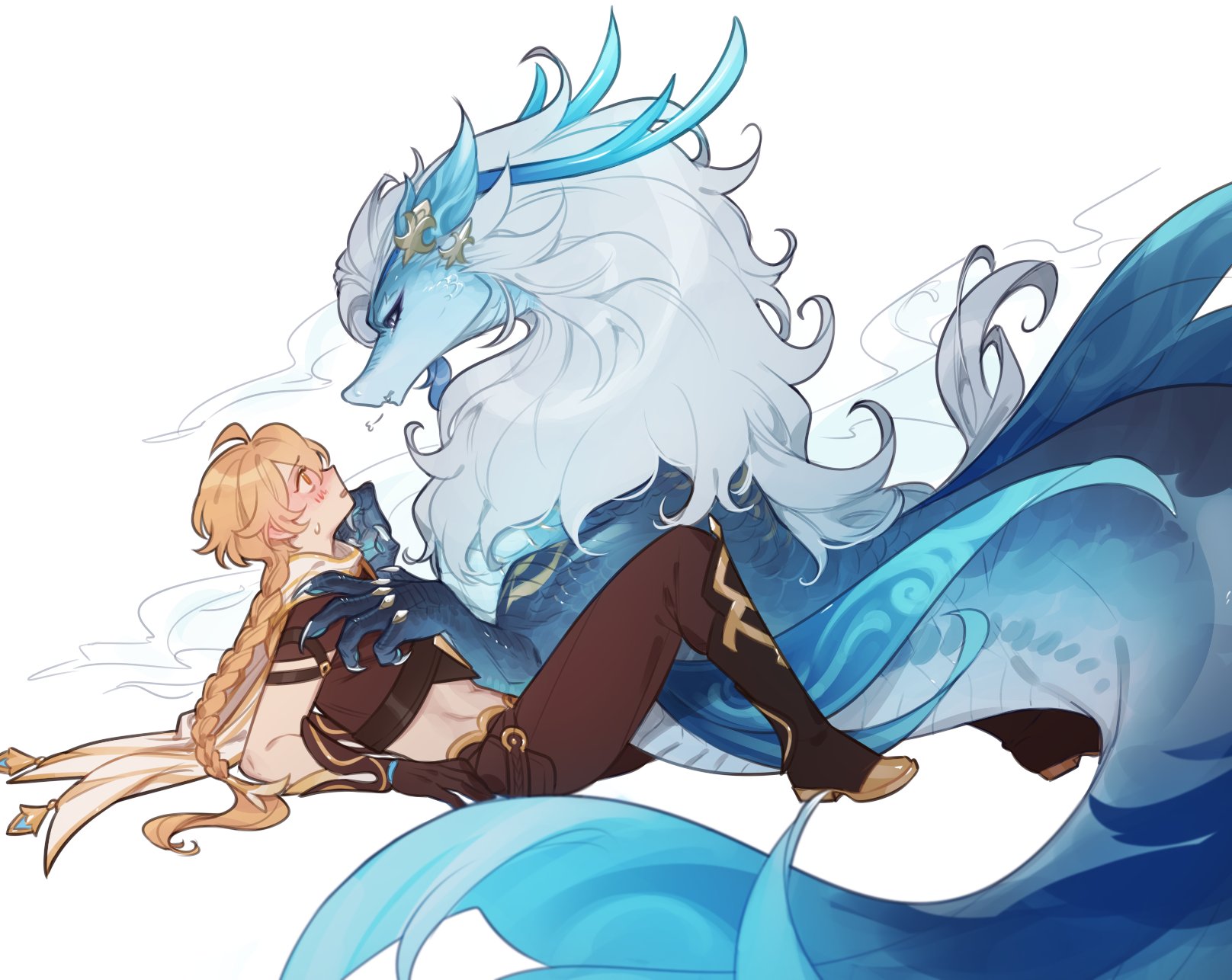 2boys, aether (genshin impact), blonde hair, blush, braid, braided hair, dragon, femboy, feral, gay, genshin impact, lying, male, male only, monster, neuvillette (genshin impact), size difference, suspicious dish, transformation, twink, white hair