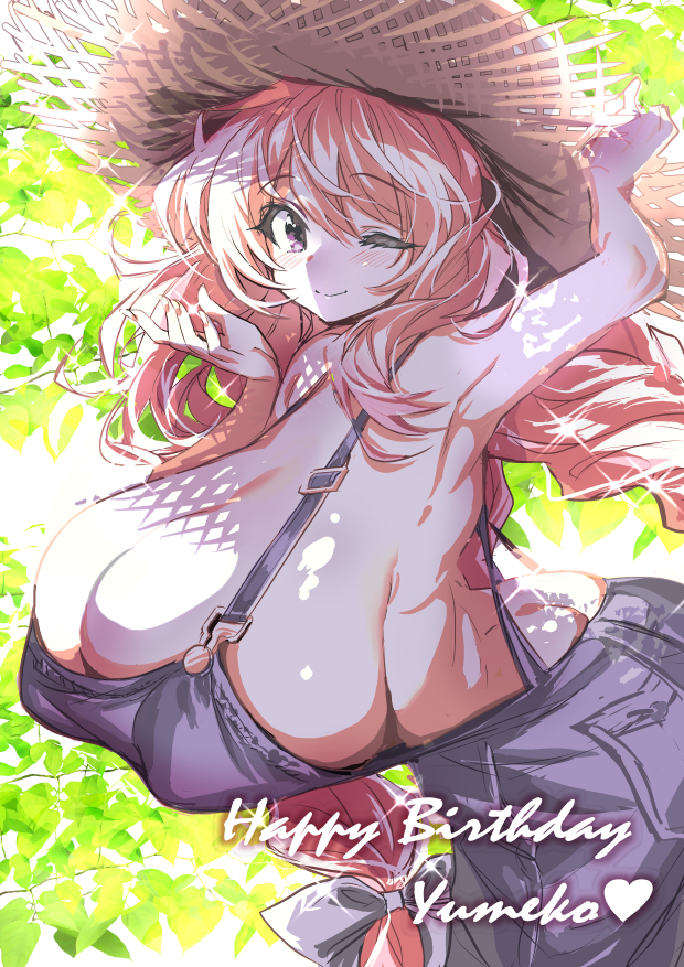 1girls armpits english_text female gigantic_breasts hair_ornament hat heart light-skinned_female light_skin looking_at_viewer manyuu_kaeru_tasuke_sansei nipple_bulge no_bra one_eye_closed original original_character outside overalls pink_eyes pink_hair ribbon side_view sideboob smile solo standing straw_hat very_long_hair wavy_hair wink