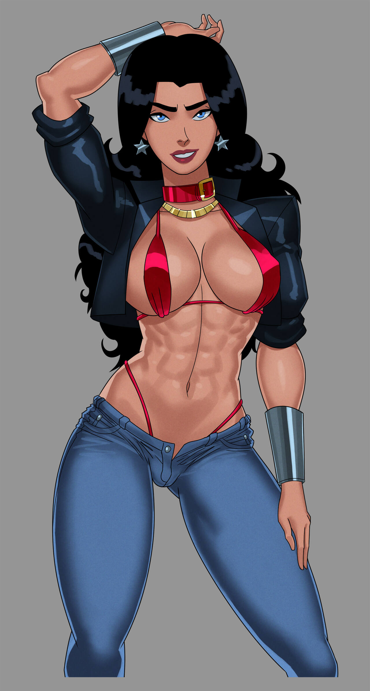 1girls black_hair black_jacket bracelet bracers breasts choker cleavage collar dc dc_comics donna_troy ear_piercing earrings female female_only fully_clothed jacket jeans large_breasts looking_at_viewer red_bikini revealing_clothes silver_bracelet solo solo_female solo_focus star_earrings sunsetriders7 tagme thong wonder_girl wonder_woman_(series)