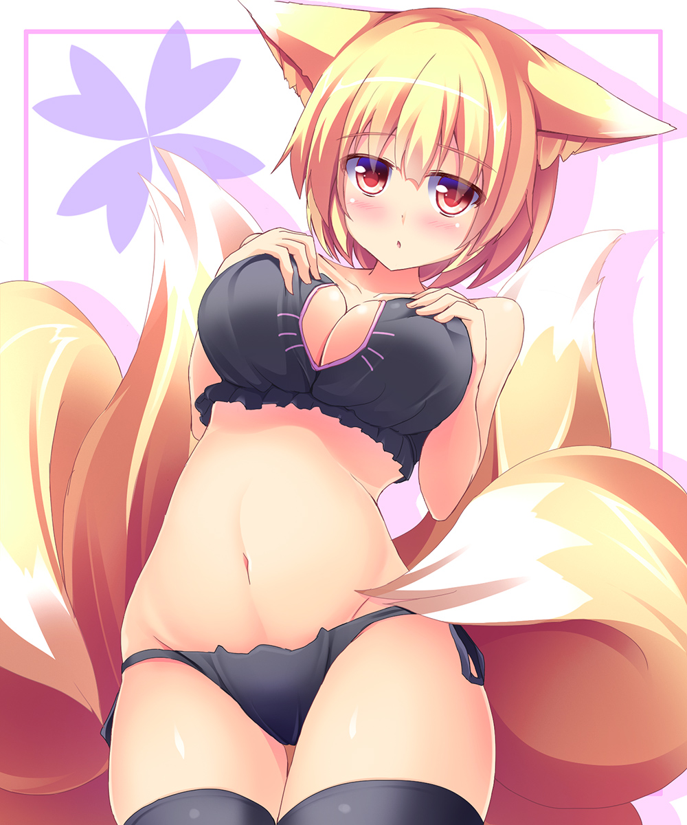 1girls animal_ears black_bra black_panties black_thighhighs blonde_hair blush bra breasts cat_cutout cat_ear_panties cat_lingerie cleavage cleavage_cutout clothing_cutout collarbone female fox_ears fox_tail highres large_breasts liya looking_at_viewer meme_attire multiple_tails navel panties parted_lips ran_yakumo red_eyes short_hair side-tie_panties solo tail thighhighs touhou underwear underwear_only yakumo_ran