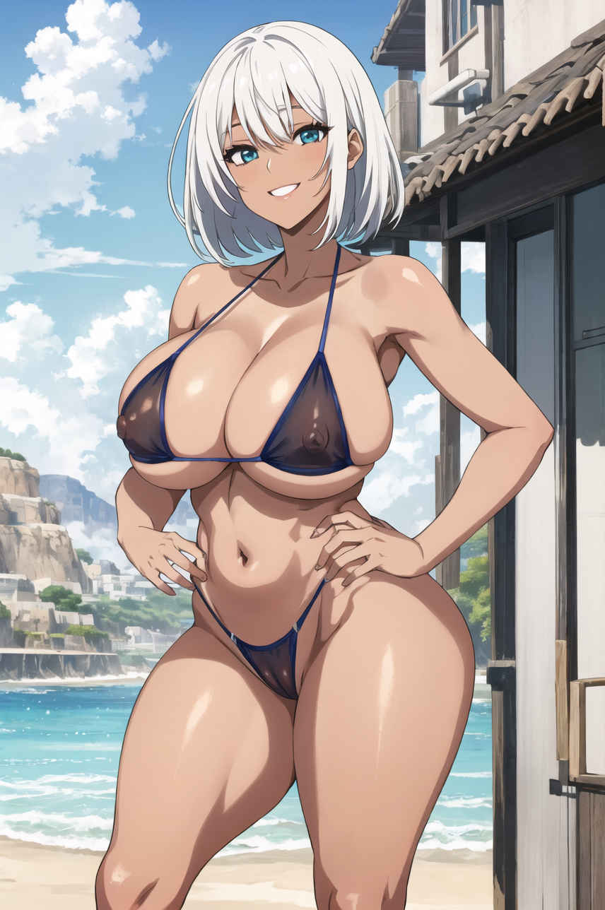 ai_generated beach big_breasts bikini breasts cyan_eyes huge_breasts see_through see_through_bra smile tan_skin thick thick_thighs transparent_bikini transparent_clothing white_hair white_teeth