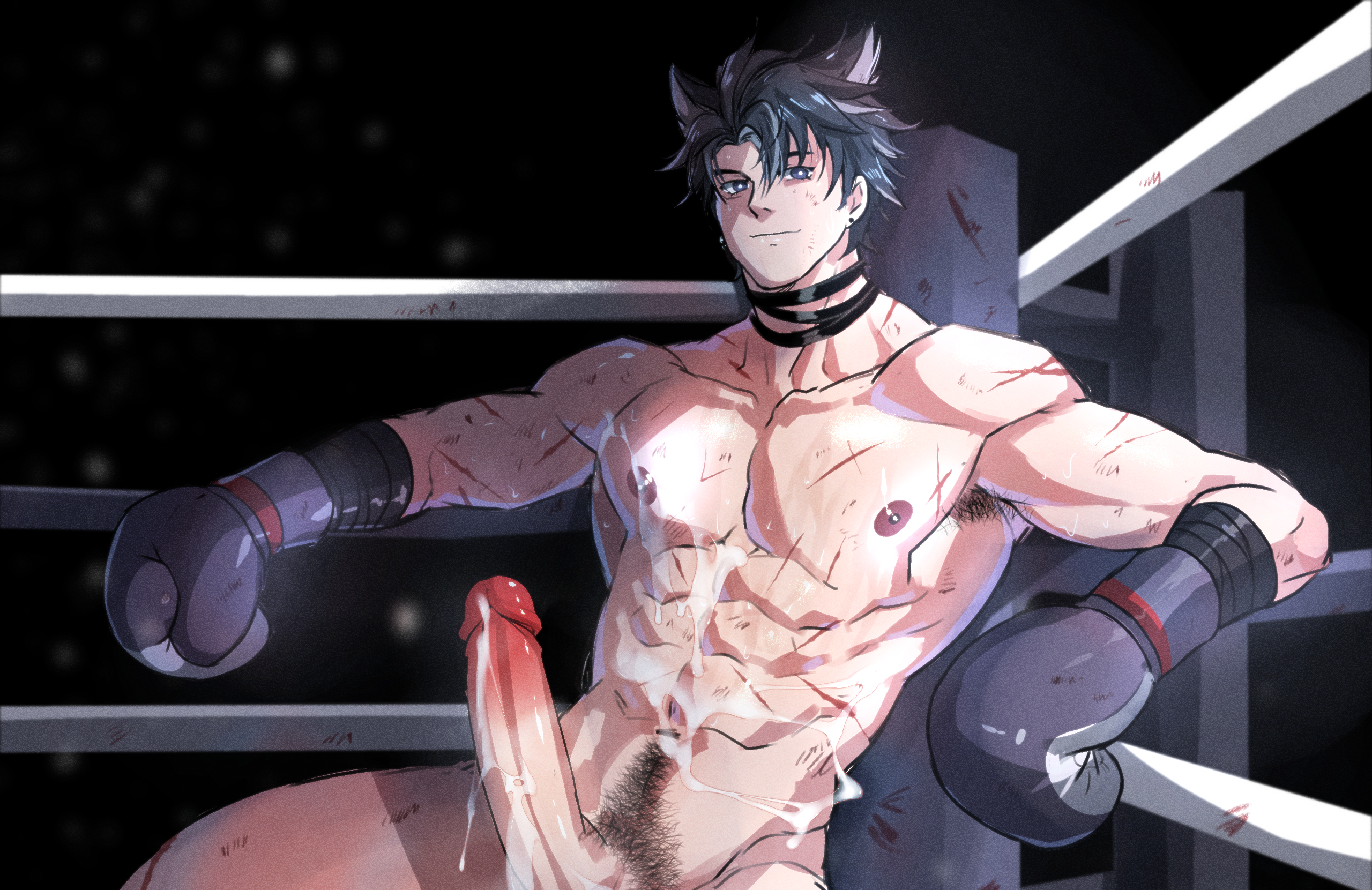 1boy, abs, bara, big penis, boxing gloves, boxing ring, cum on body, dripping cum, fight boner, gay, genshin impact, hard on, jackray85674939, male, male only, muscles, penis, pubes, scars, solo focus, treasure trail, wriothesley (genshin impact), yaoi